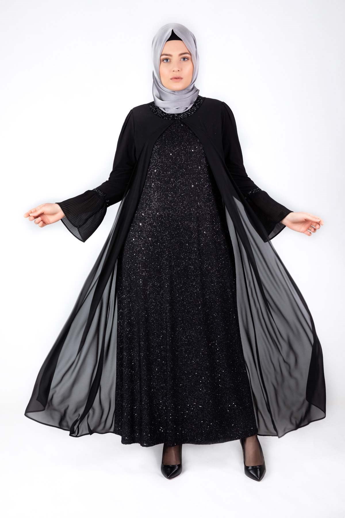 Büyük Beden Tesettür Abiye Elbise Siyah 50011 | Bahyezen