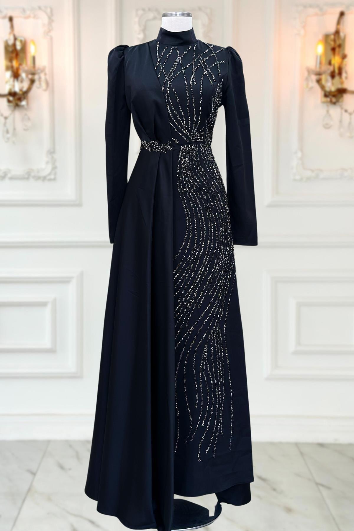 Stone Print Detailed Satin Evening Dress Black AMH1022