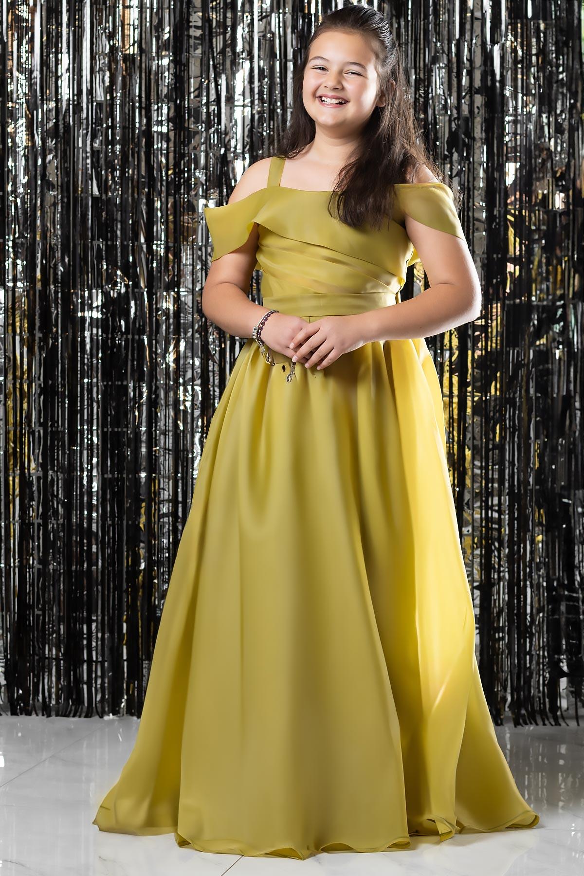 Robe de Soirée à Bretelles et Taille Elastique Moutarde MDV362