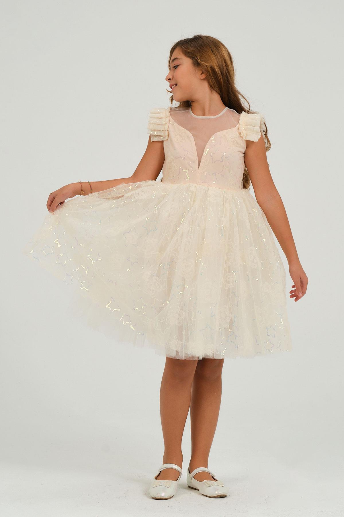 Kız Çocuk tül Detaylı Abiye Elbise Beyaz KVC1018 