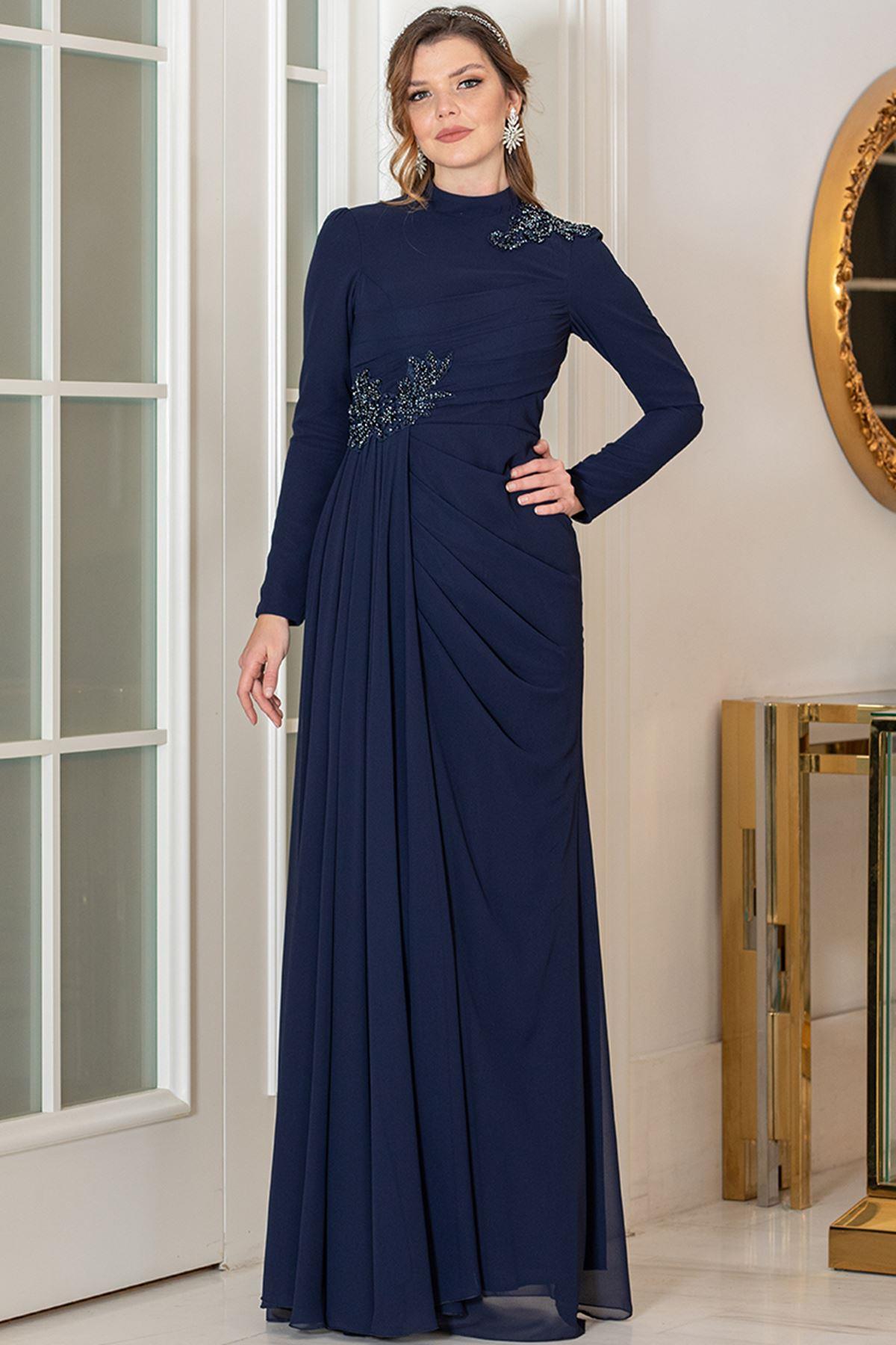 Stone Embroidered Evening Dress Navy Blue AHN252