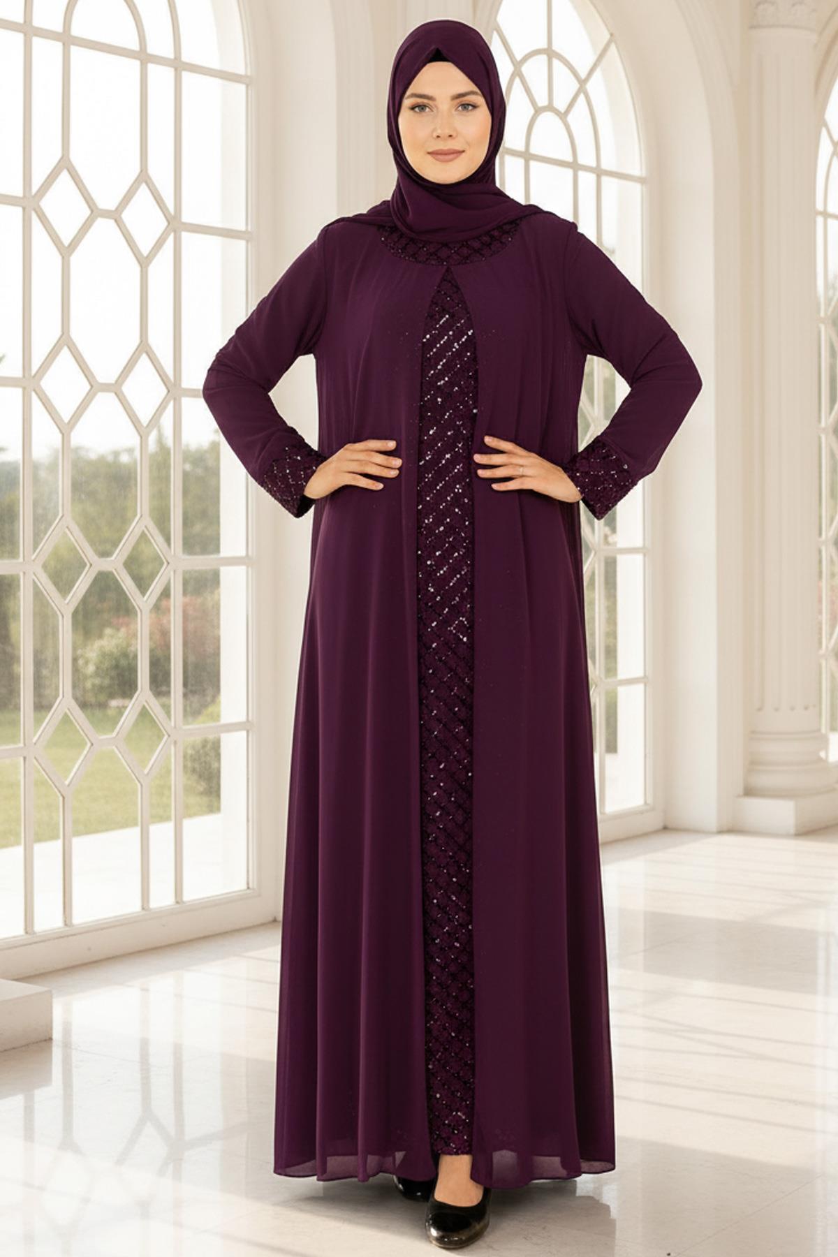 Robe de soirée détaillée brodée de sequins Pourpre FHM854