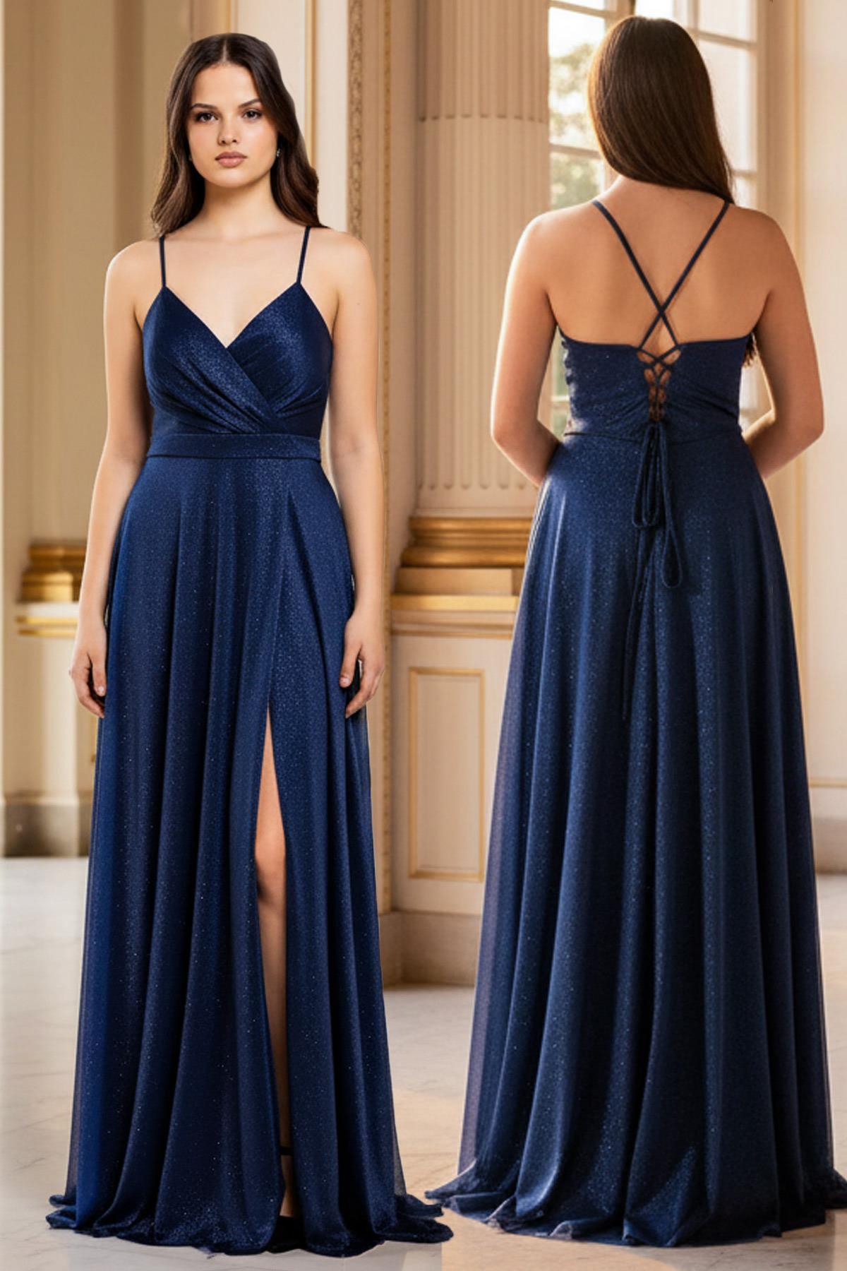 Robe de Soirée en Tulle Pailleté Bleu Marine MDV366
