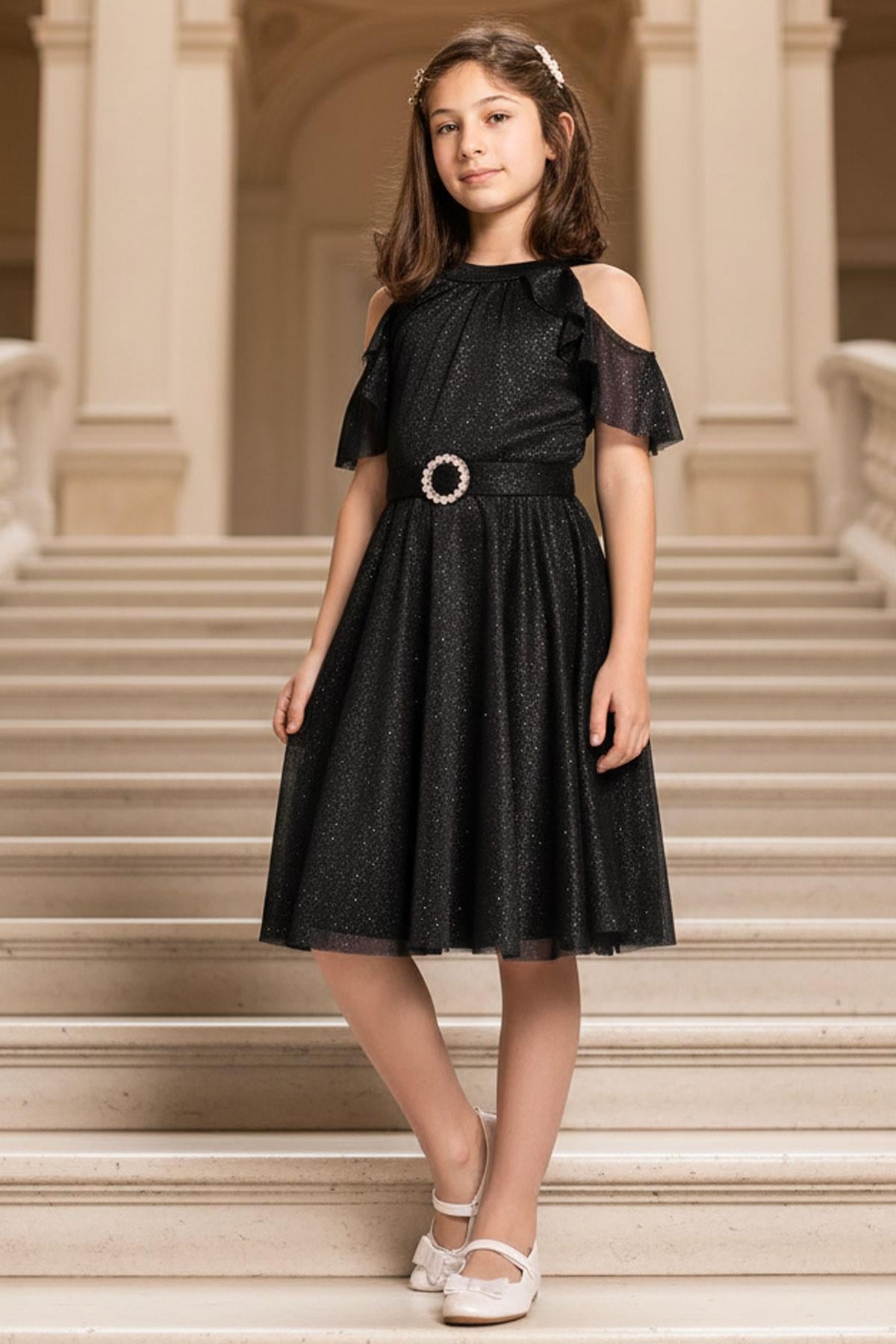 Silvery Tulle Children's Evening Dress Black MDV310