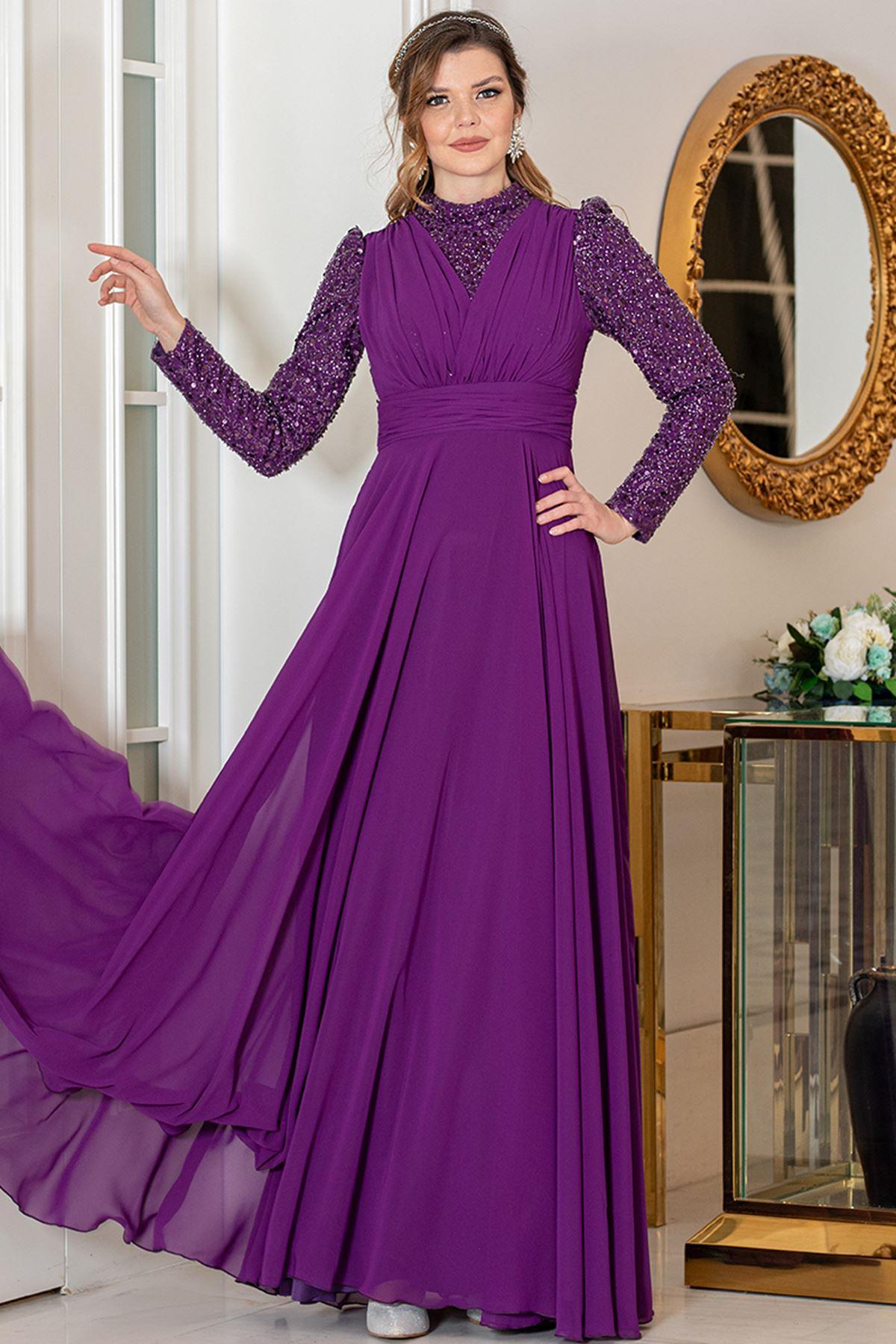 Pailletten Chiffon Abendkleid Violett AHN248