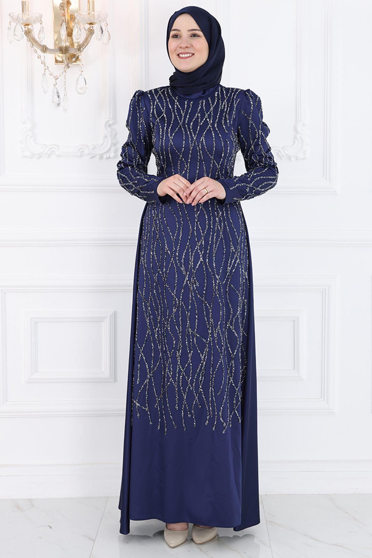 Stone Print Detailed Chiffon Evening Dress Navy Blue AMH986