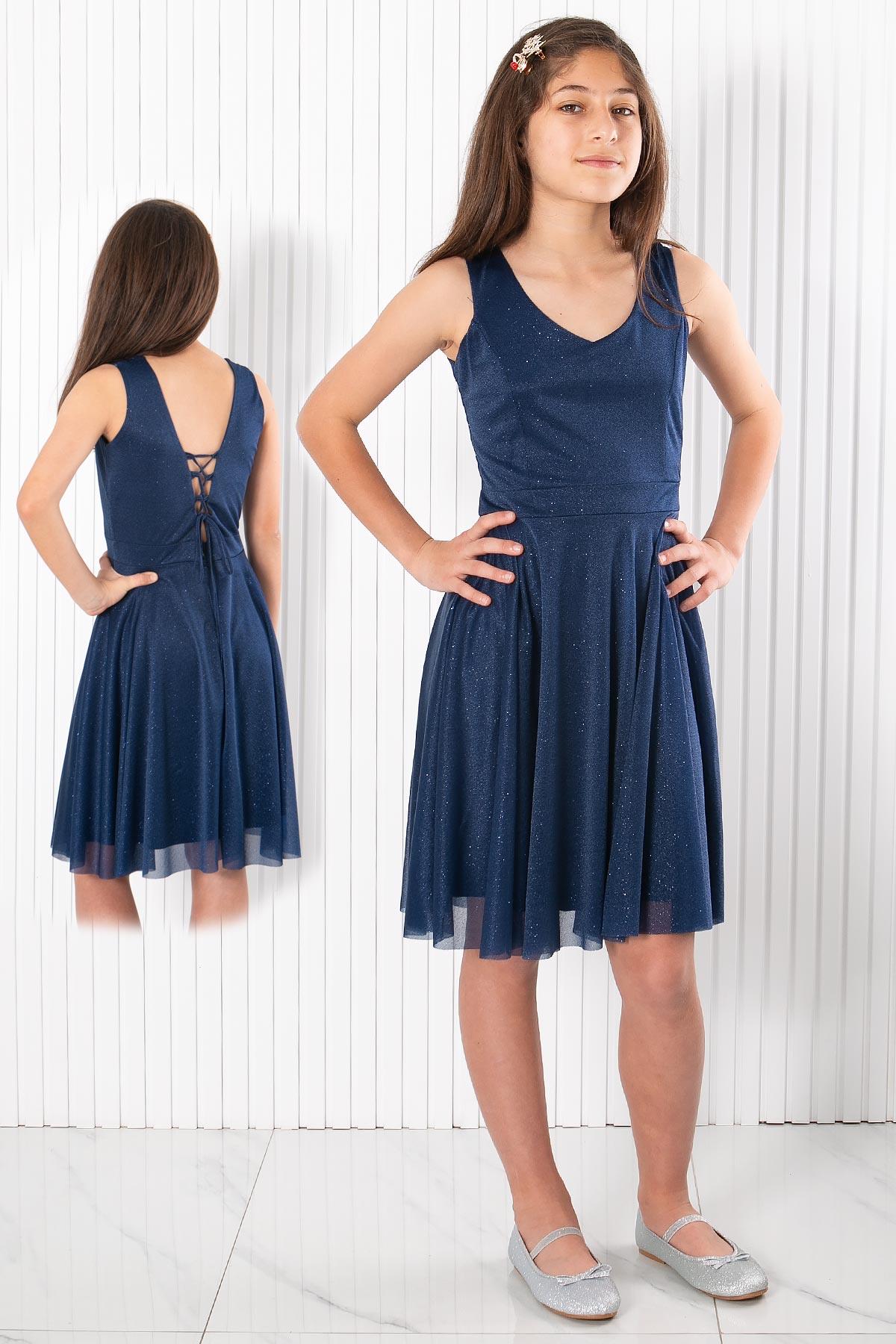 Robe De Soirée En Tulle Avec Détail Au Dos Bleu Marine MDV942