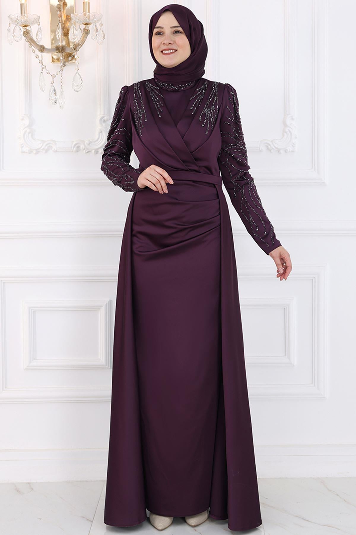 Robe De Soirée Brodée De Pierres En Satin Prune AMH994