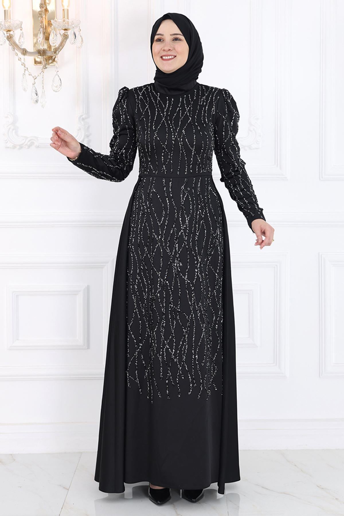 Stone Print Detailed Chiffon Evening Dress Black AMH986