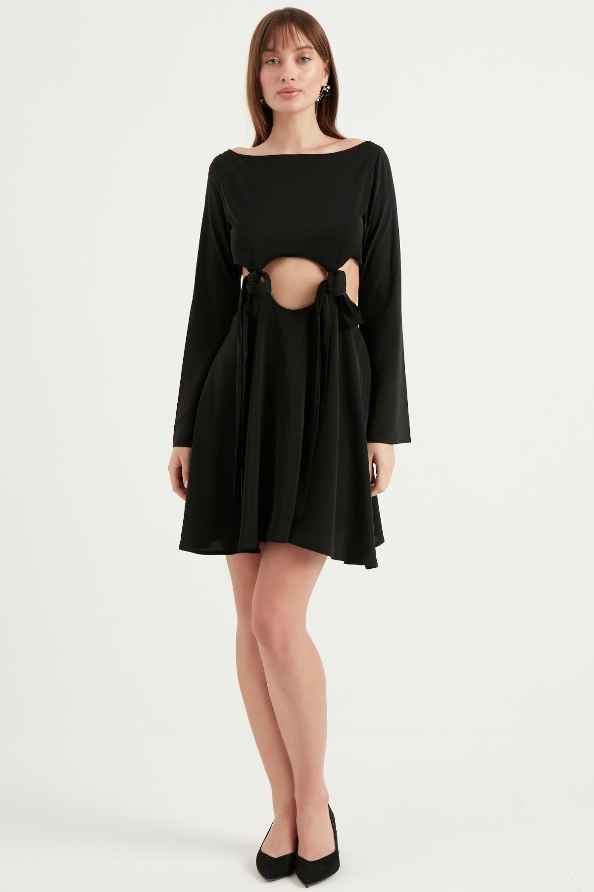 Beli Bağlamalı Mini Elbise Siyah 5067