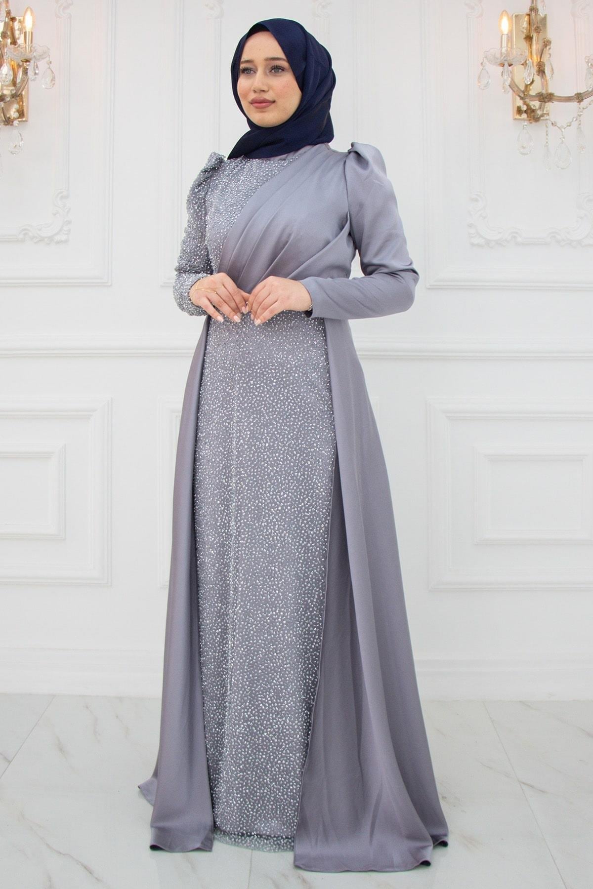 Stone Print Detailed Satin Evening Dress Gray AMH972
