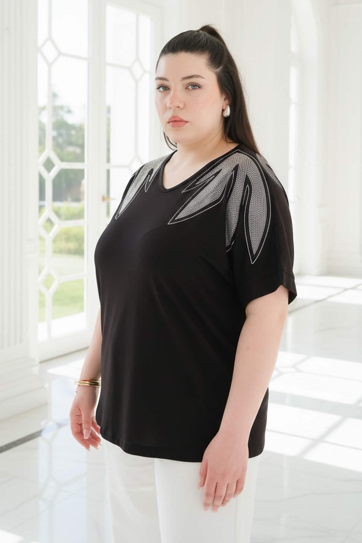 Siyah Parlak Omuz Detaylı Bluz