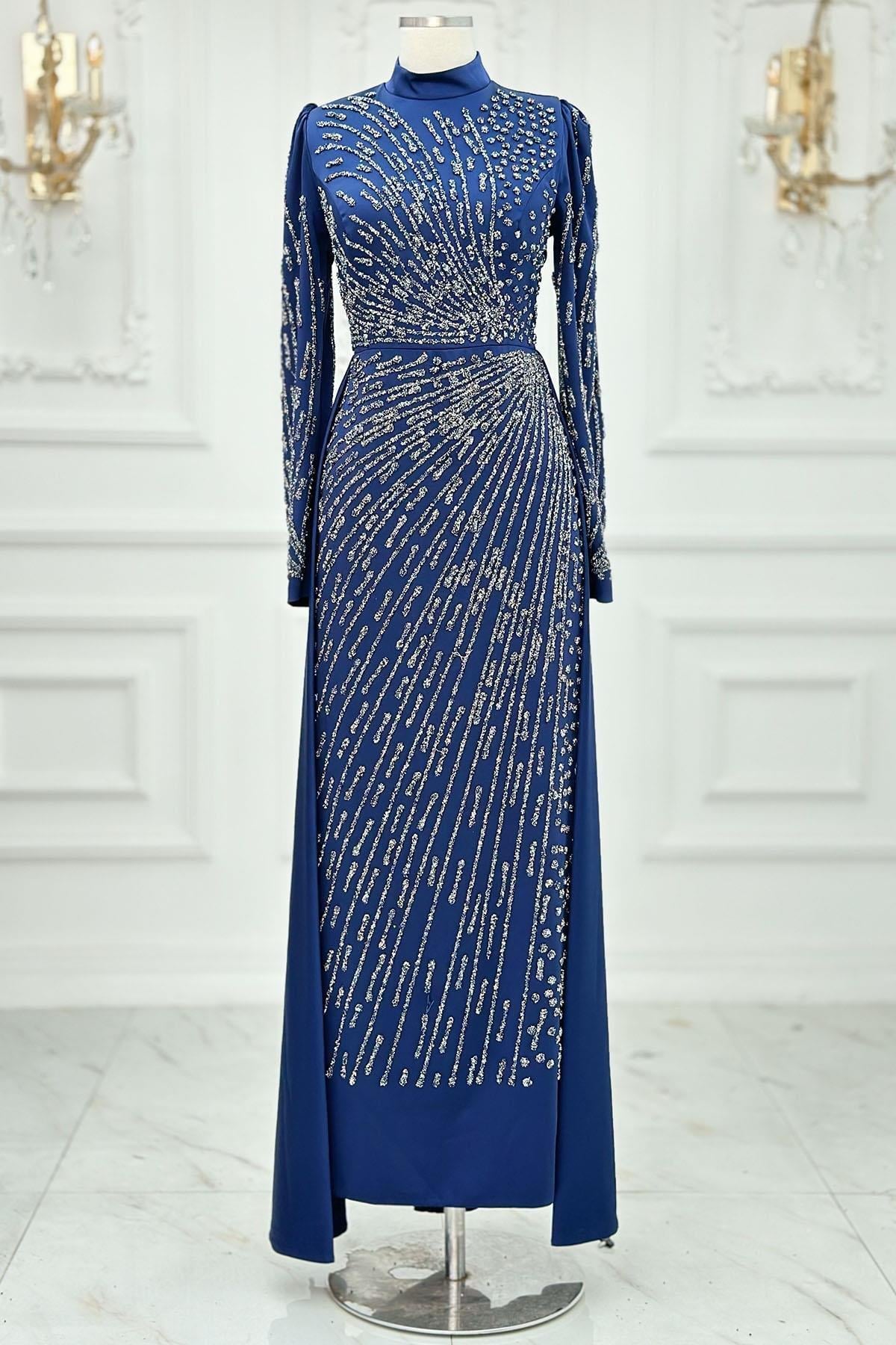 Stone Print Detailed Evening Dress Navy Blue AMH1006