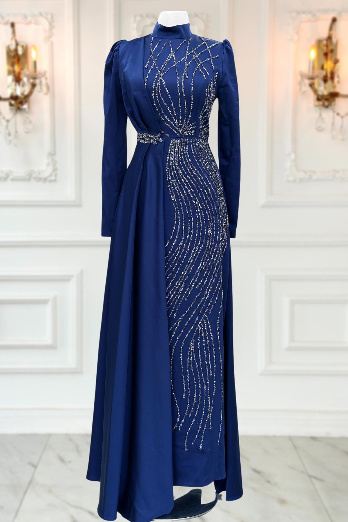 Robe De Soirée Brodée De Pierres En Satin Bleu Marine AMH1022