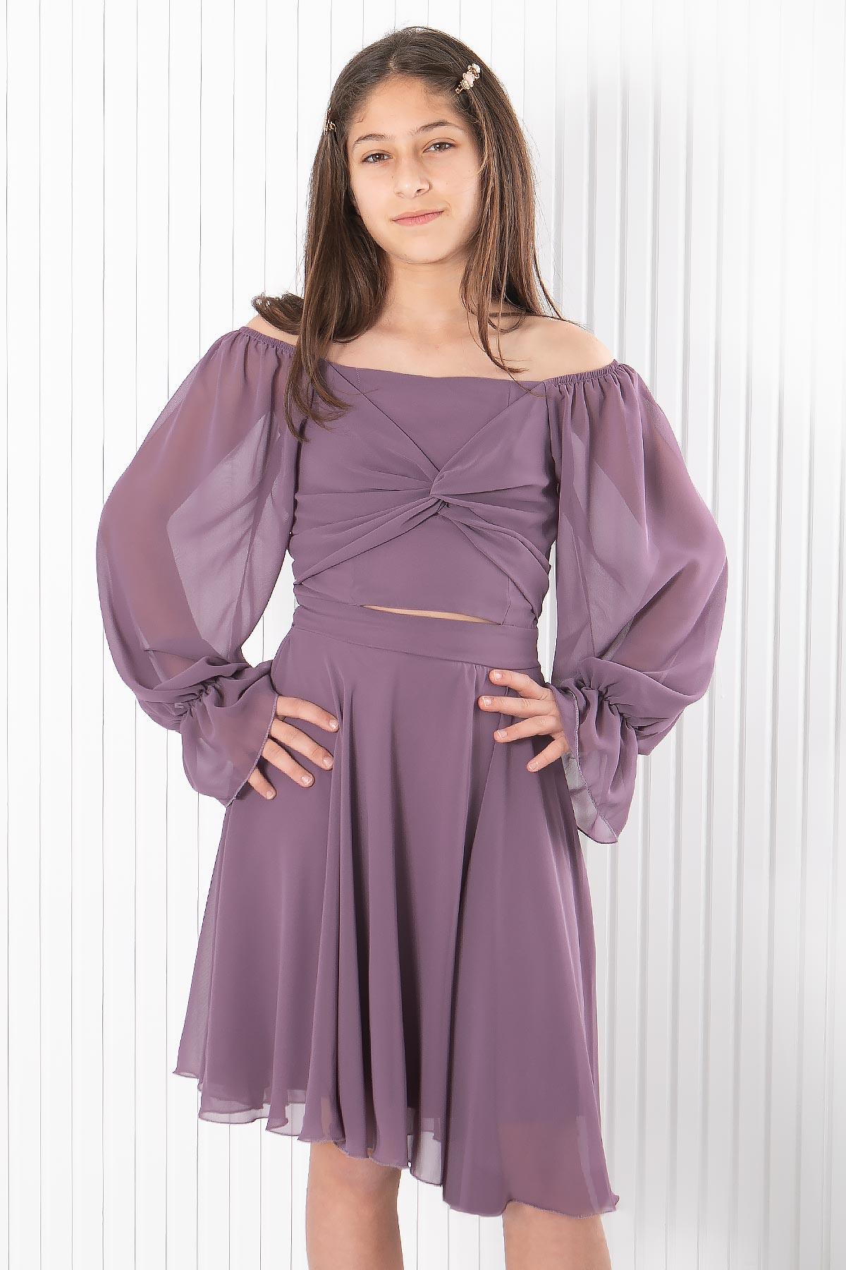 Balon Kol Şifon Abiye Elbise Lila MDV934