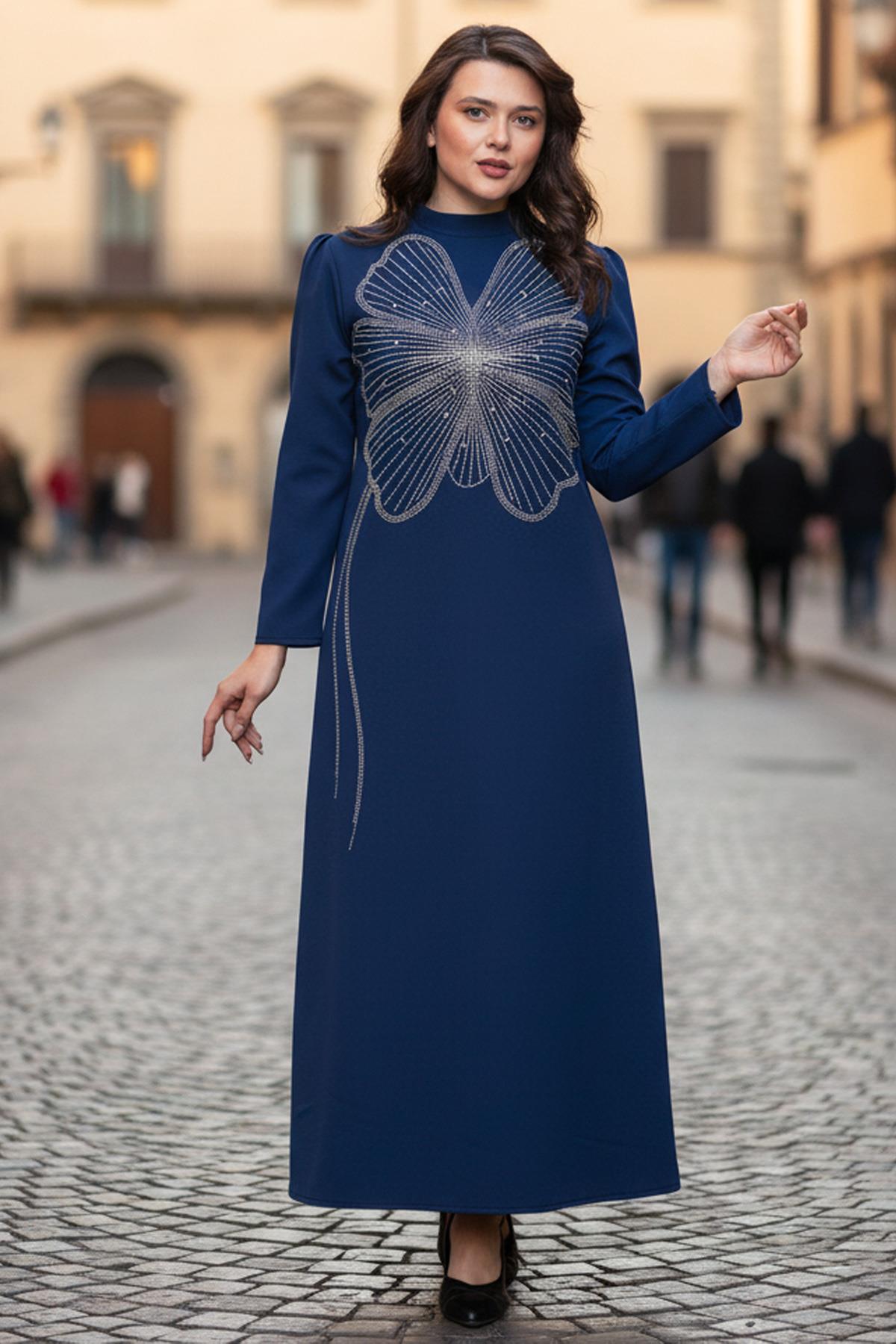 Robe De Soirée Détaillée à Imprimé Pierre Bleu Marine FHM948