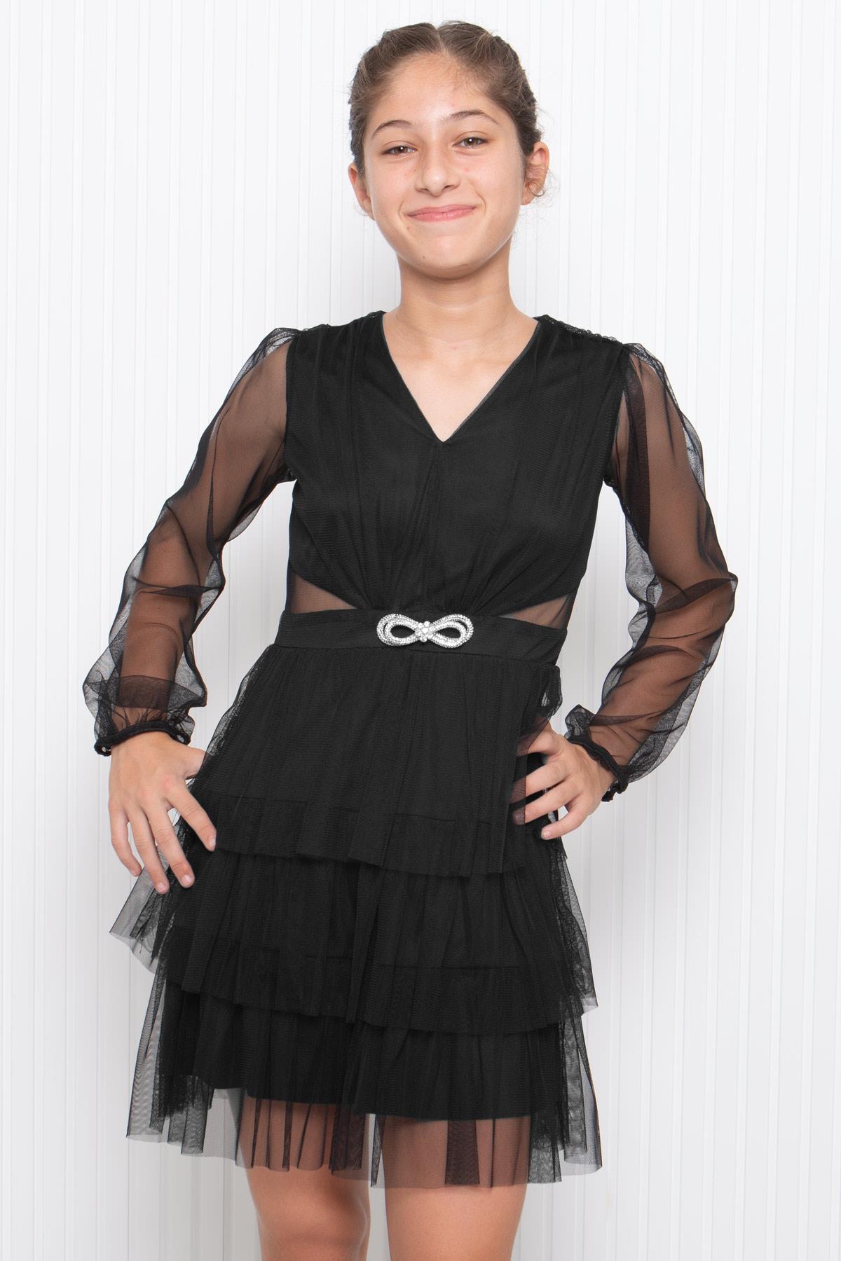 Accessoires En Pierre Robes De Soirée En Tulle Détaillées Pour Enfants Noir MDV358