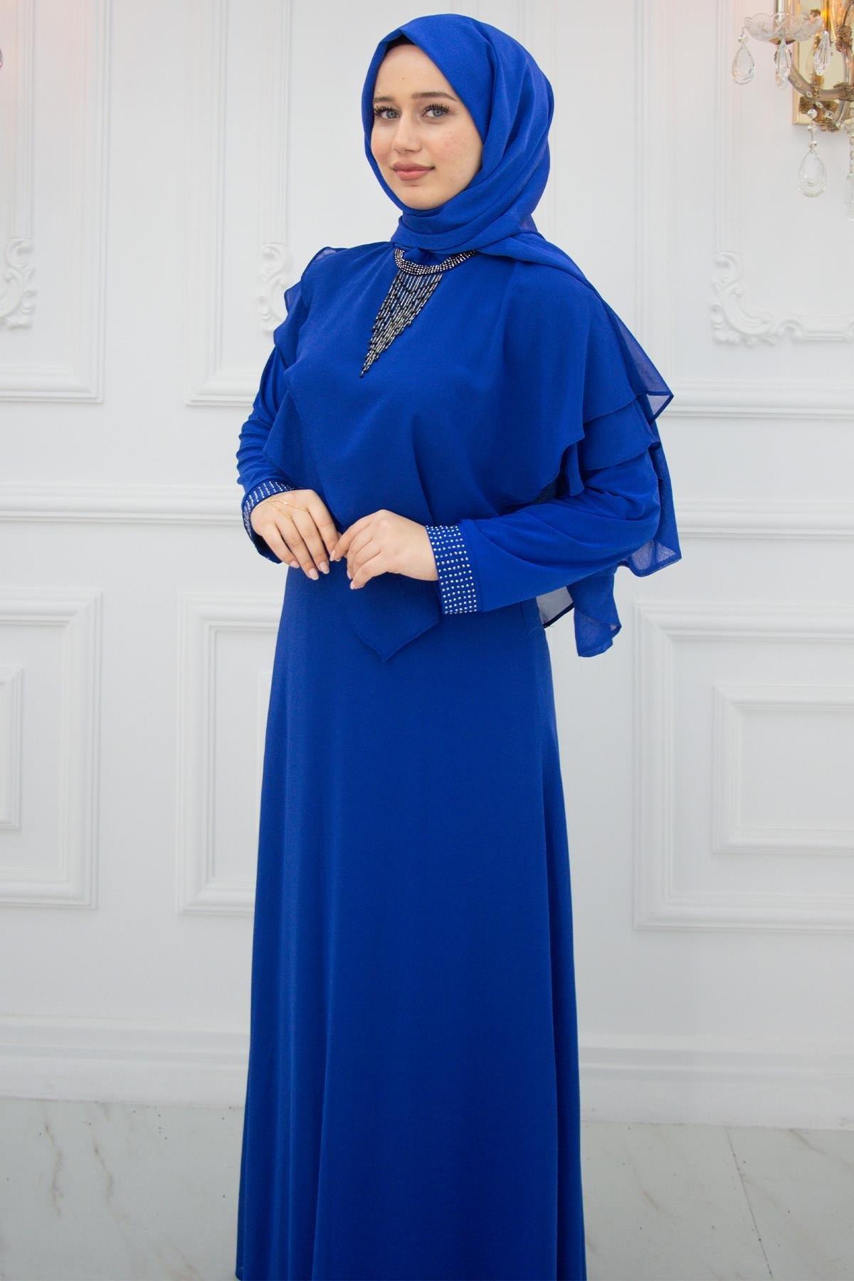 Robe de Soirée En Mousseline de Soie Saks Bleu AMH976
