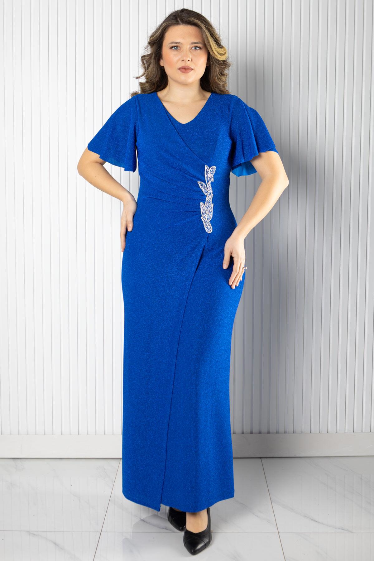 Taş Aksessuarlı Simli Abiye Saks MDA2533