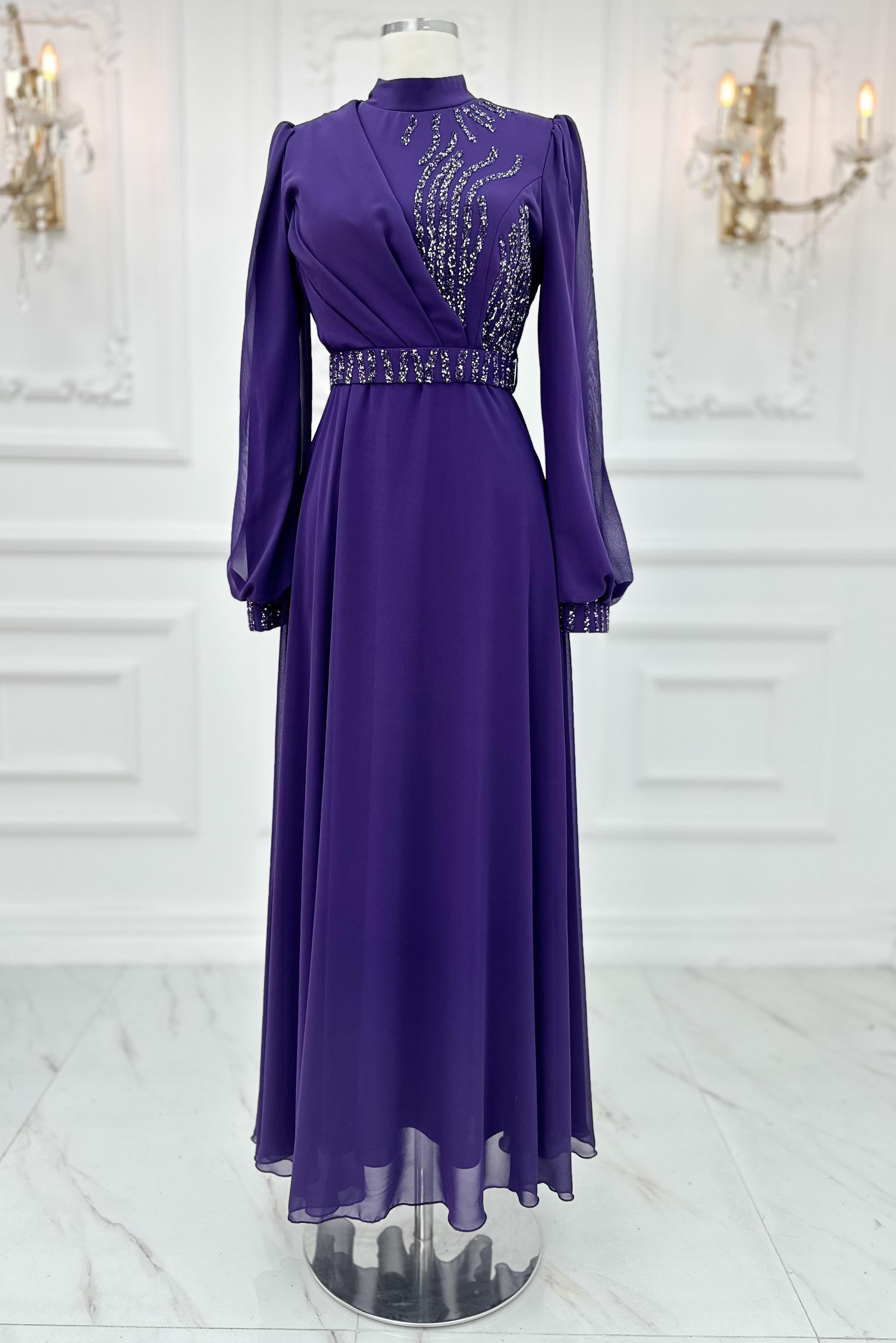 Silvery Sequined Evening Dress Purple AMH928