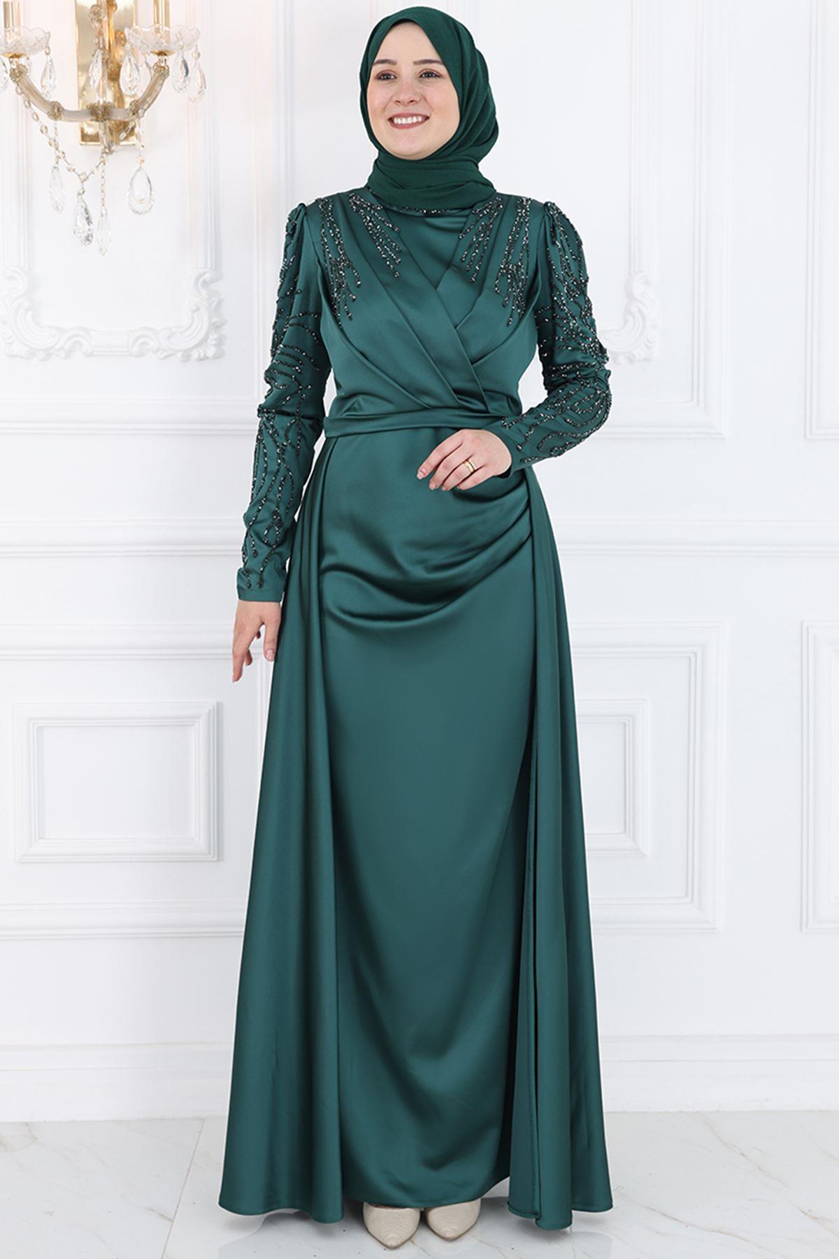 Stone Print Detailed Chiffon Evening Dress Emerald AMH994