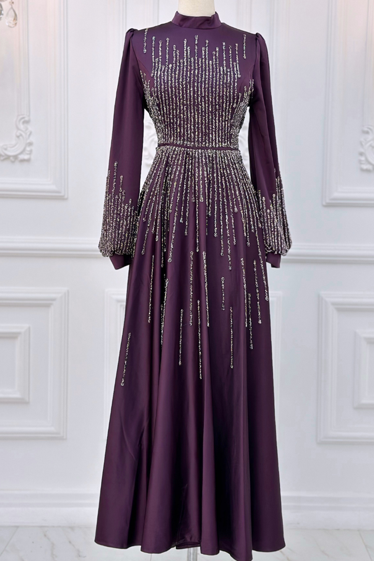 Stone Print Detailed Evening Dress Plum AMH1002