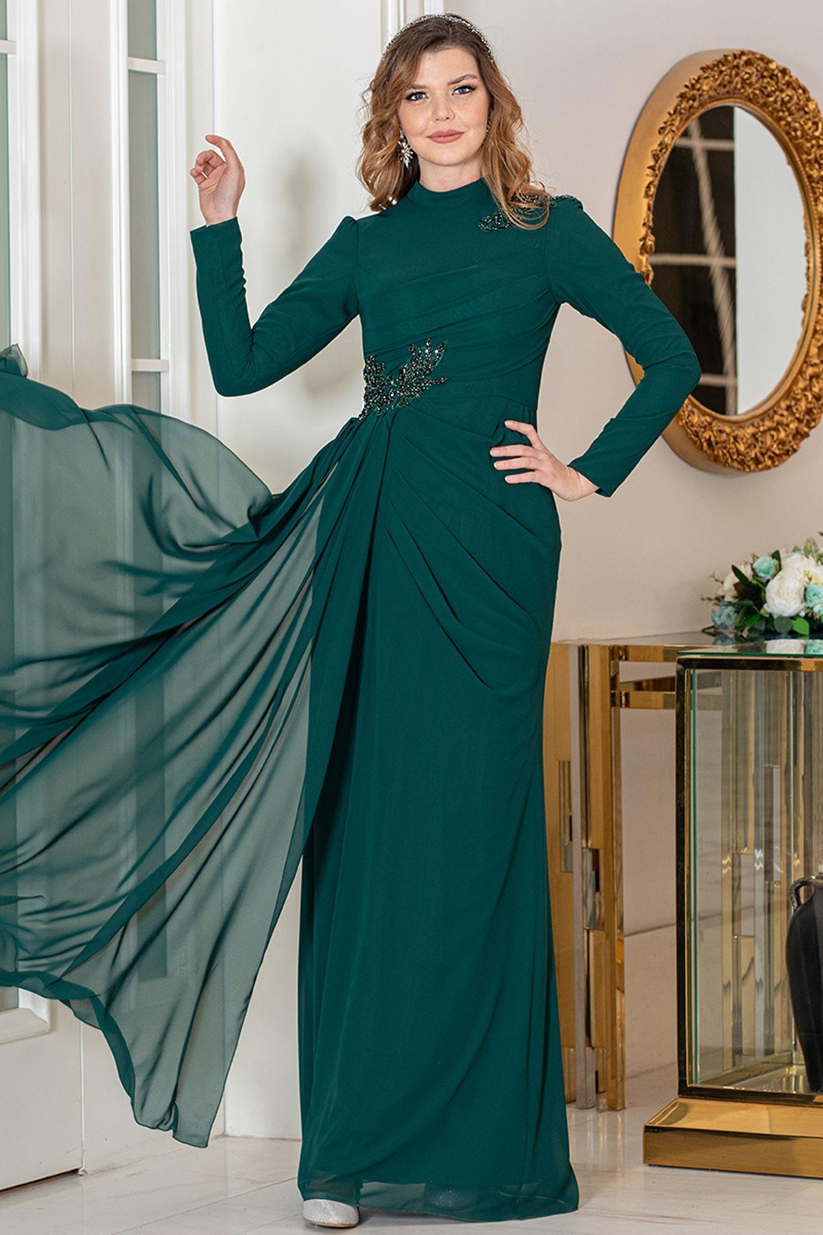Robe de Soirée En Mousseline Émeraude AHN252