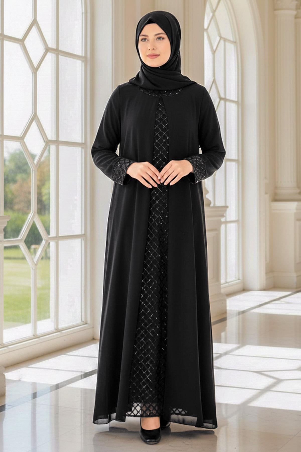 Detailliertes Abendkleid mit Paillettenstickerei SchwarzFHM854