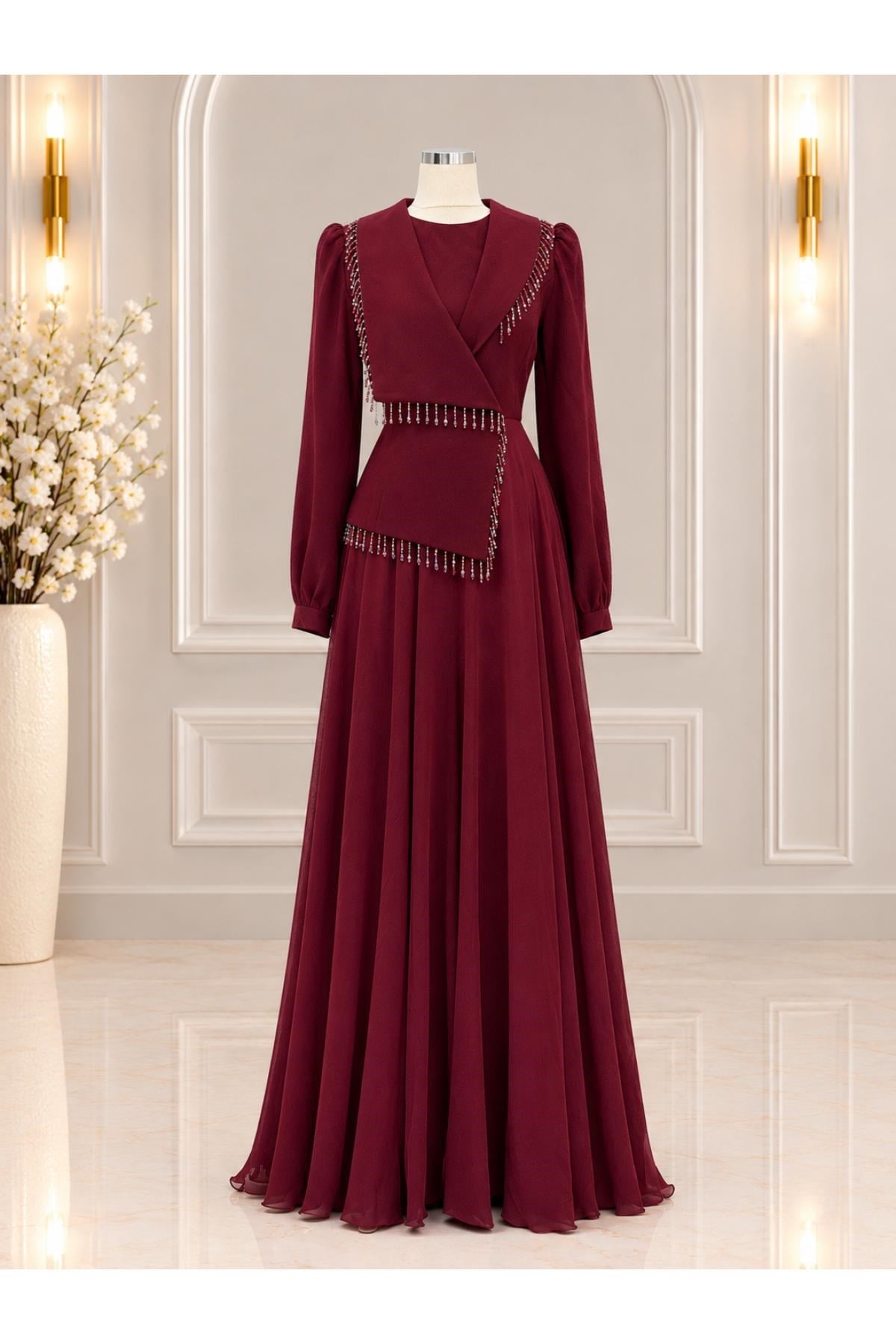 Asel Tesettür Abiye Bordo AMH1188