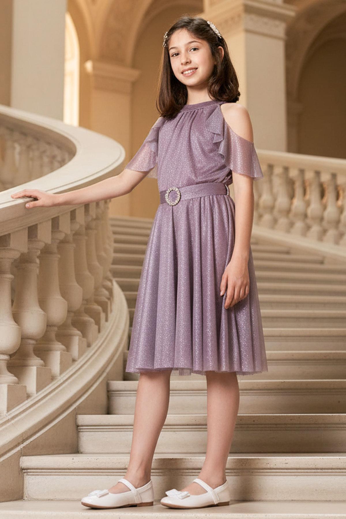 Robe de Soirée Enfant Tulle Argenté Lilas MDV310