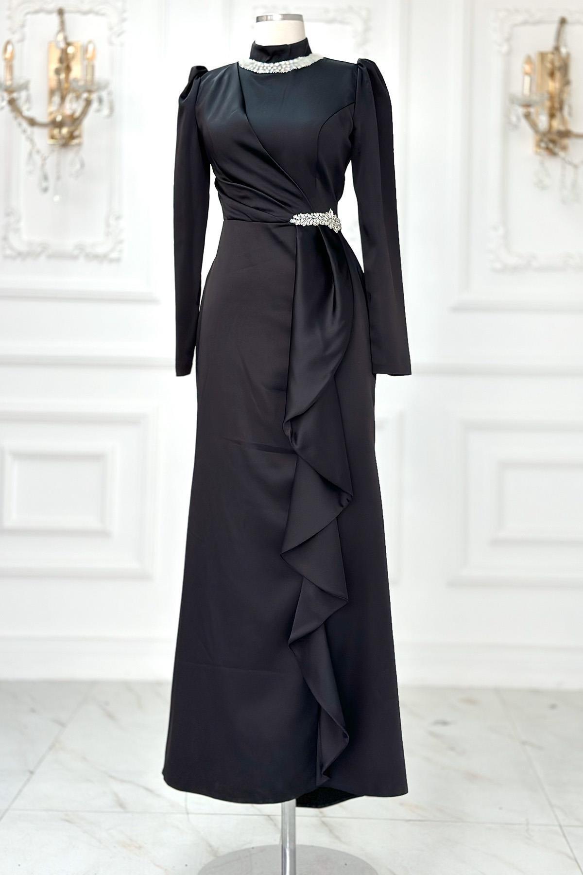 Satin Evening Dress Black AMH1008