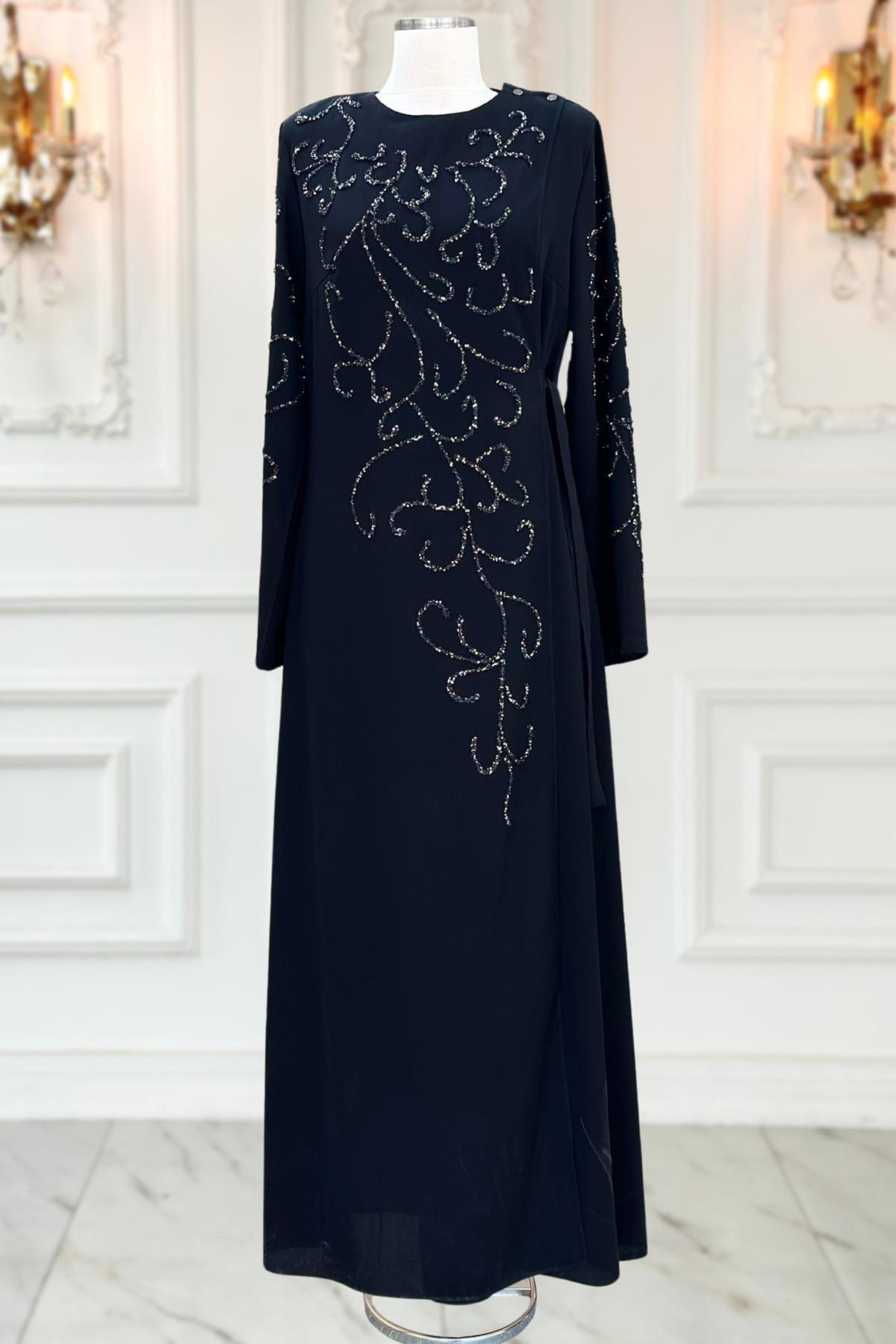 Stone Print Abaya Black AMH1028