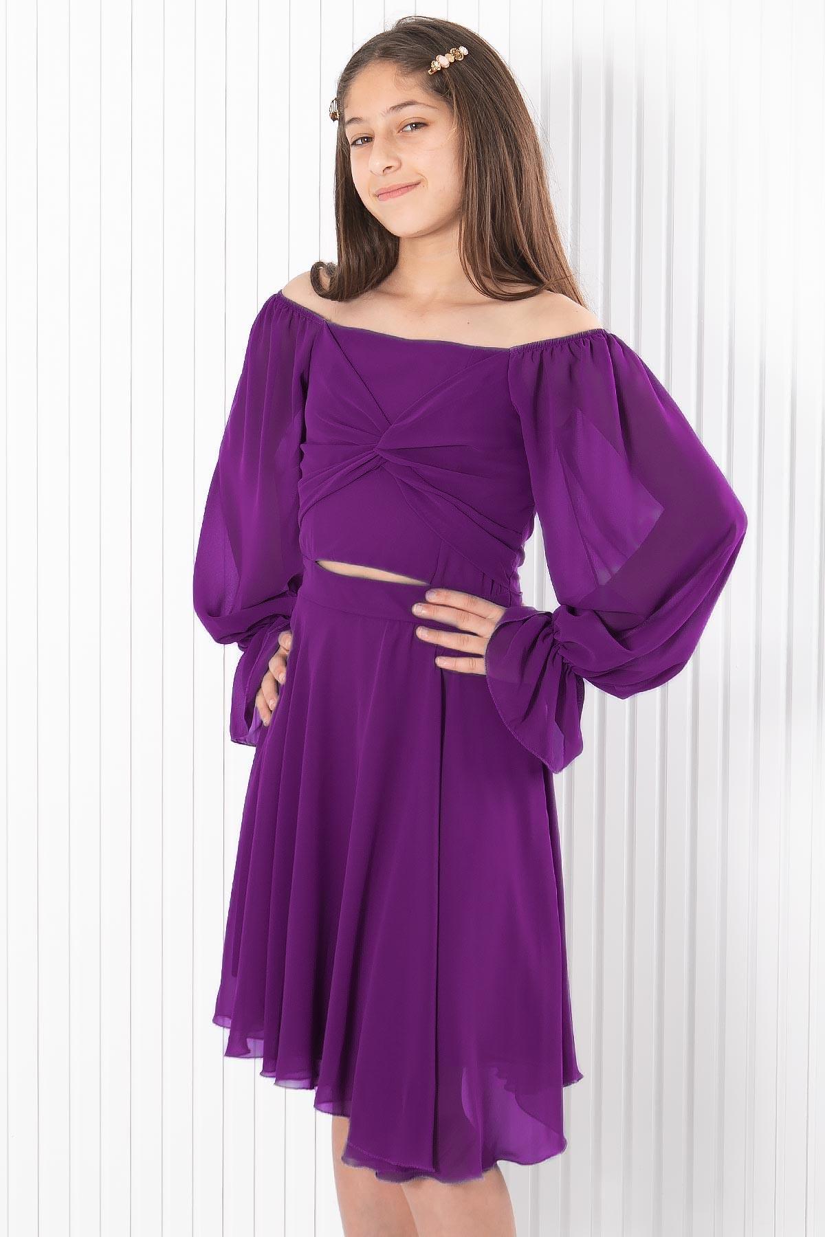 Balloon Sleeve Chiffon Evening Dress Purple MDV934
