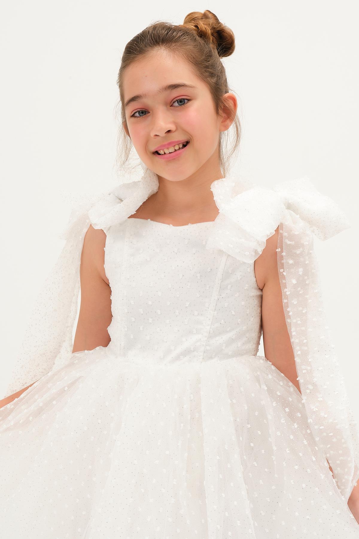Kız Çocuk Omuzları Fiyonklu Abiye Elbise Beyaz KVC3008