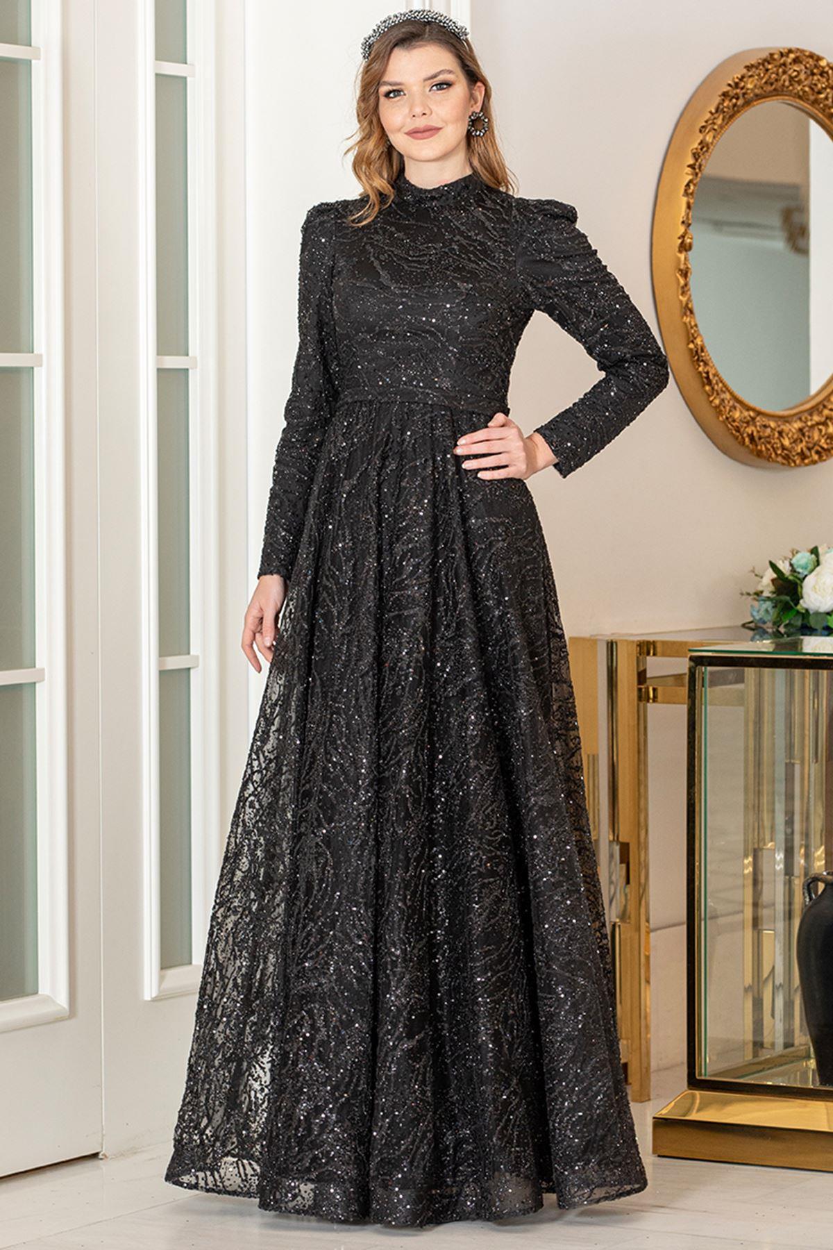 Sequined Evening Dress Black AHN258