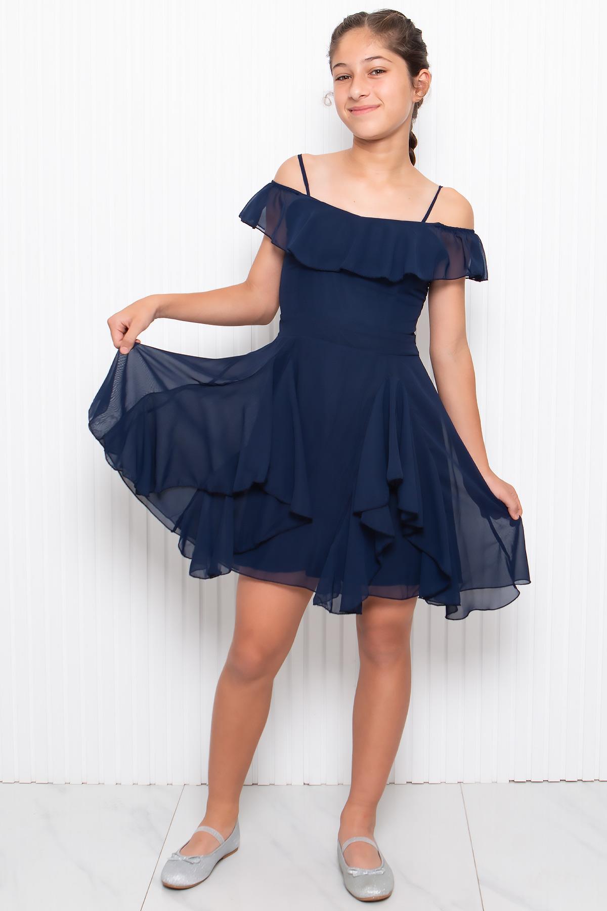 Chiffon Kinder Abendkleid Mit Riemen Marineblau MDV356