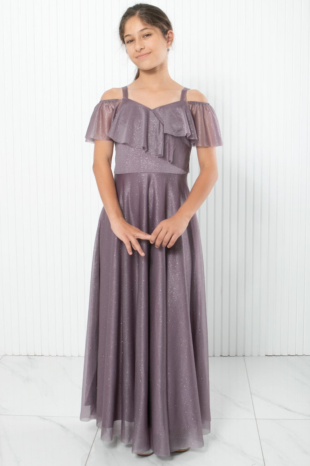 Robe De Soirée Argentée À Bretelles Lilas MDV938