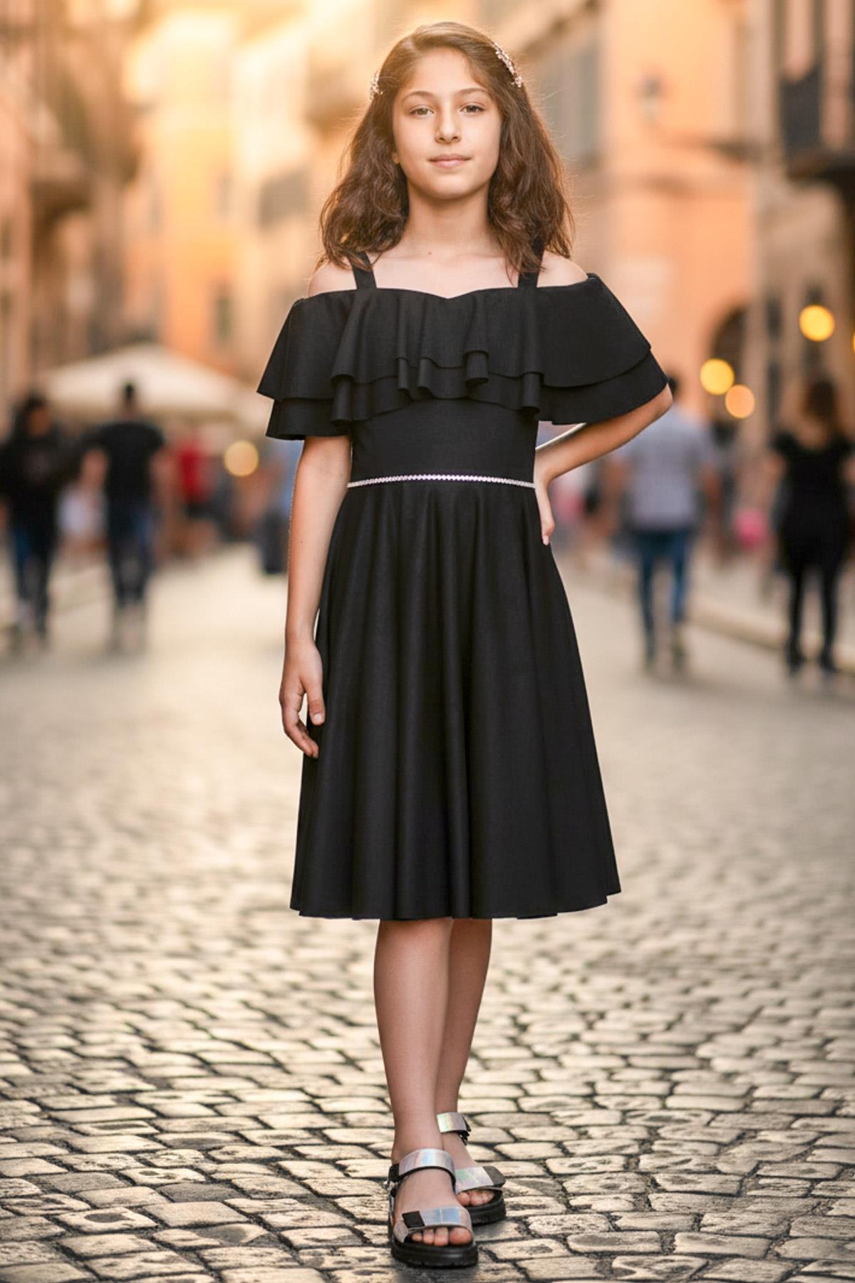 9-14 Ans Robe de Soirée Détaillée à Manches Noir MDV326