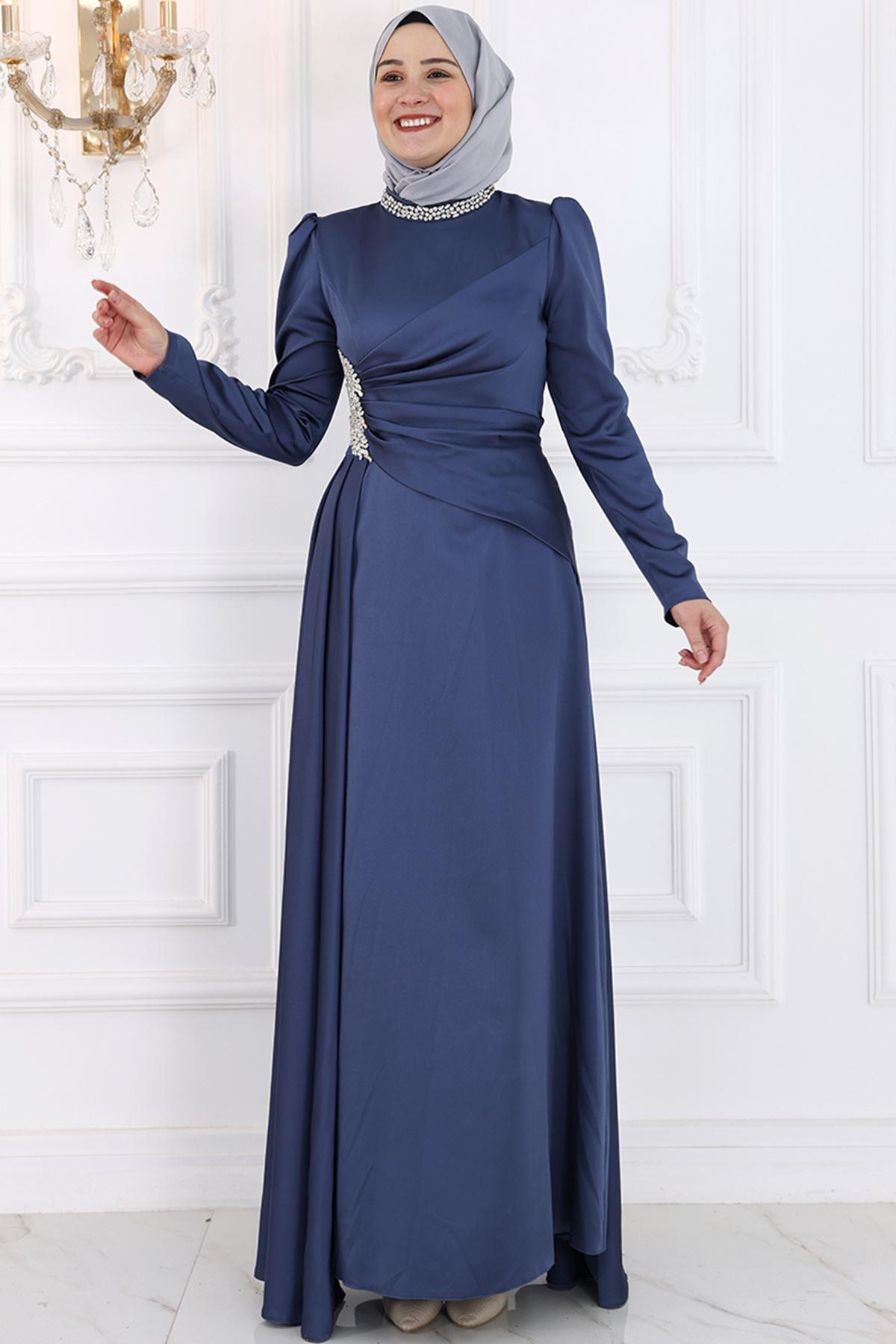 Stone Print Detailed Chiffon Evening Dress Indigo AMH988