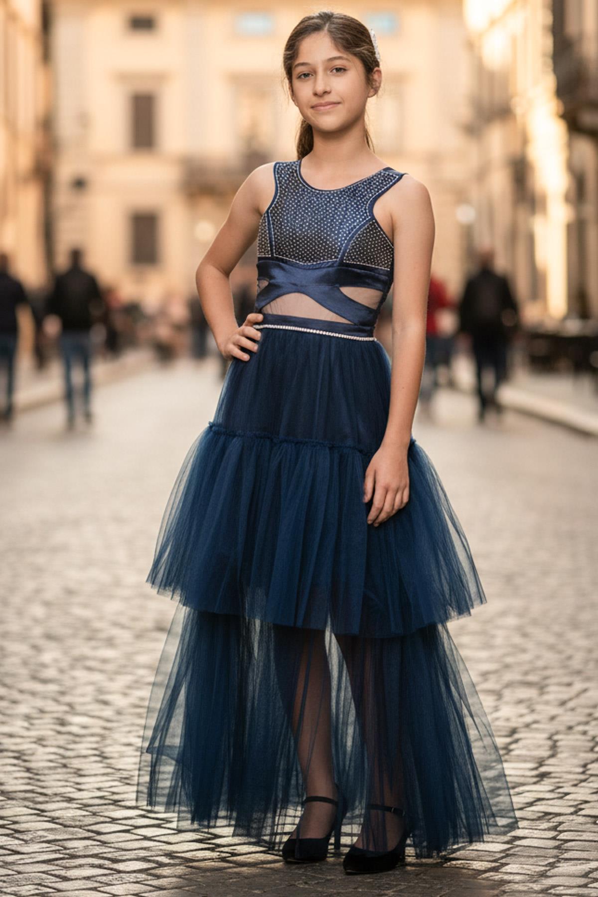 Robe de soirée en tulle détaillée à imprimé pierre Bleu marine MDV340