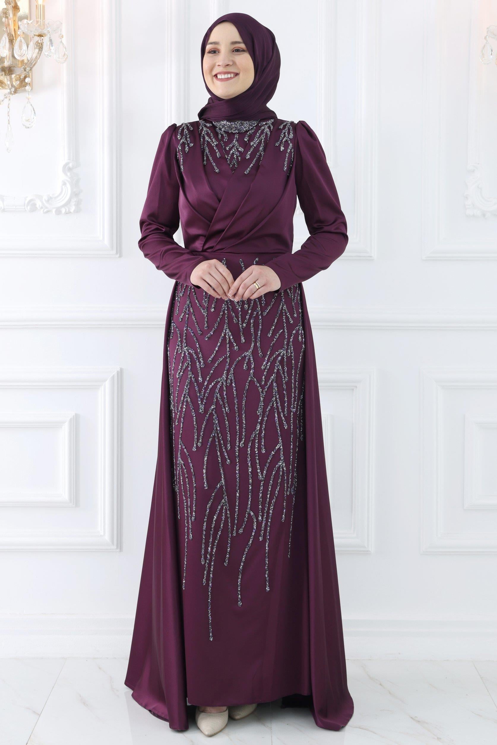 Stone Print Detailed Evening Dress Plum AMH984
