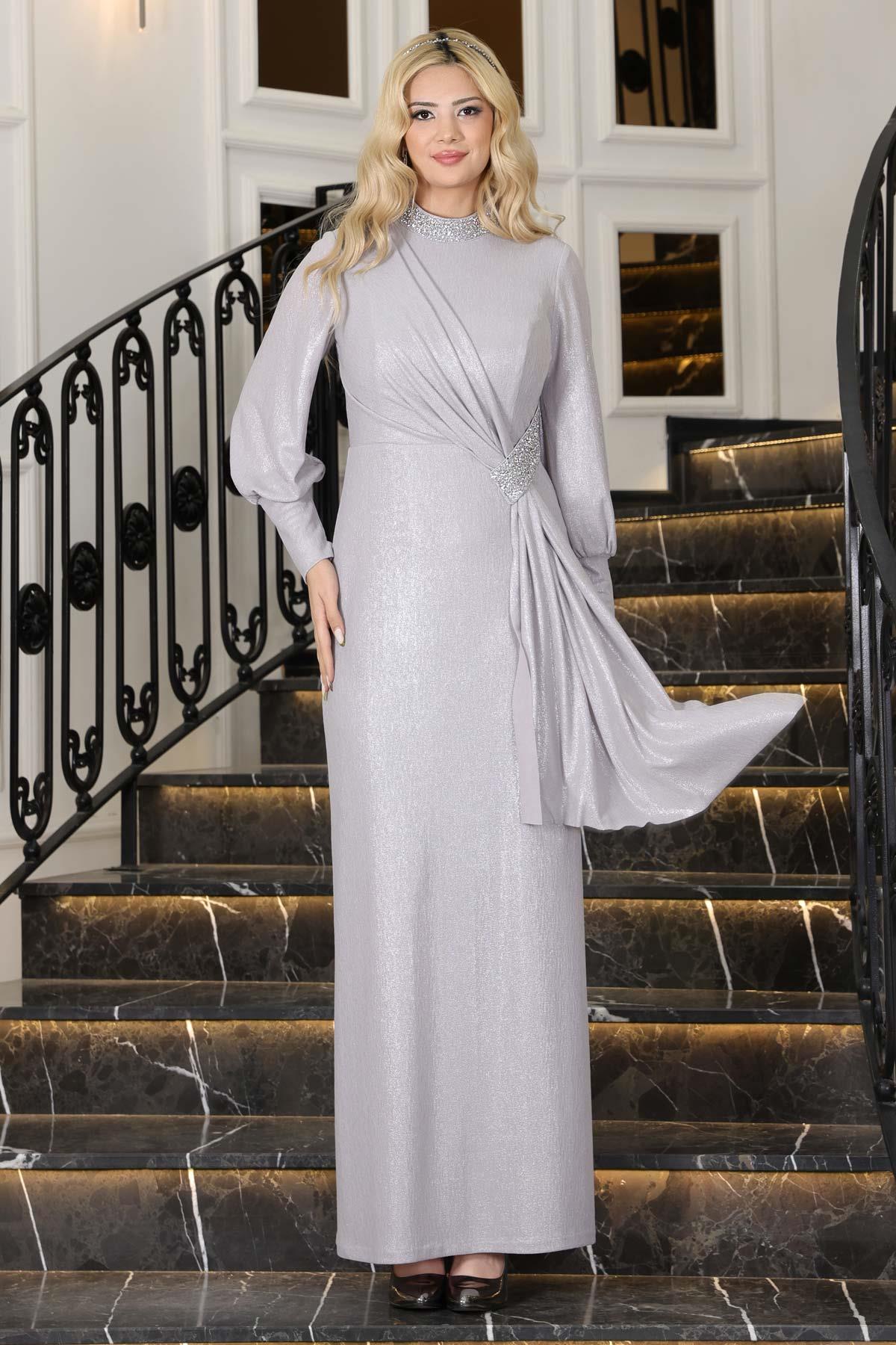 Açelya Sarkaçlı Taşlı Abiye Elbise Gri ELB74