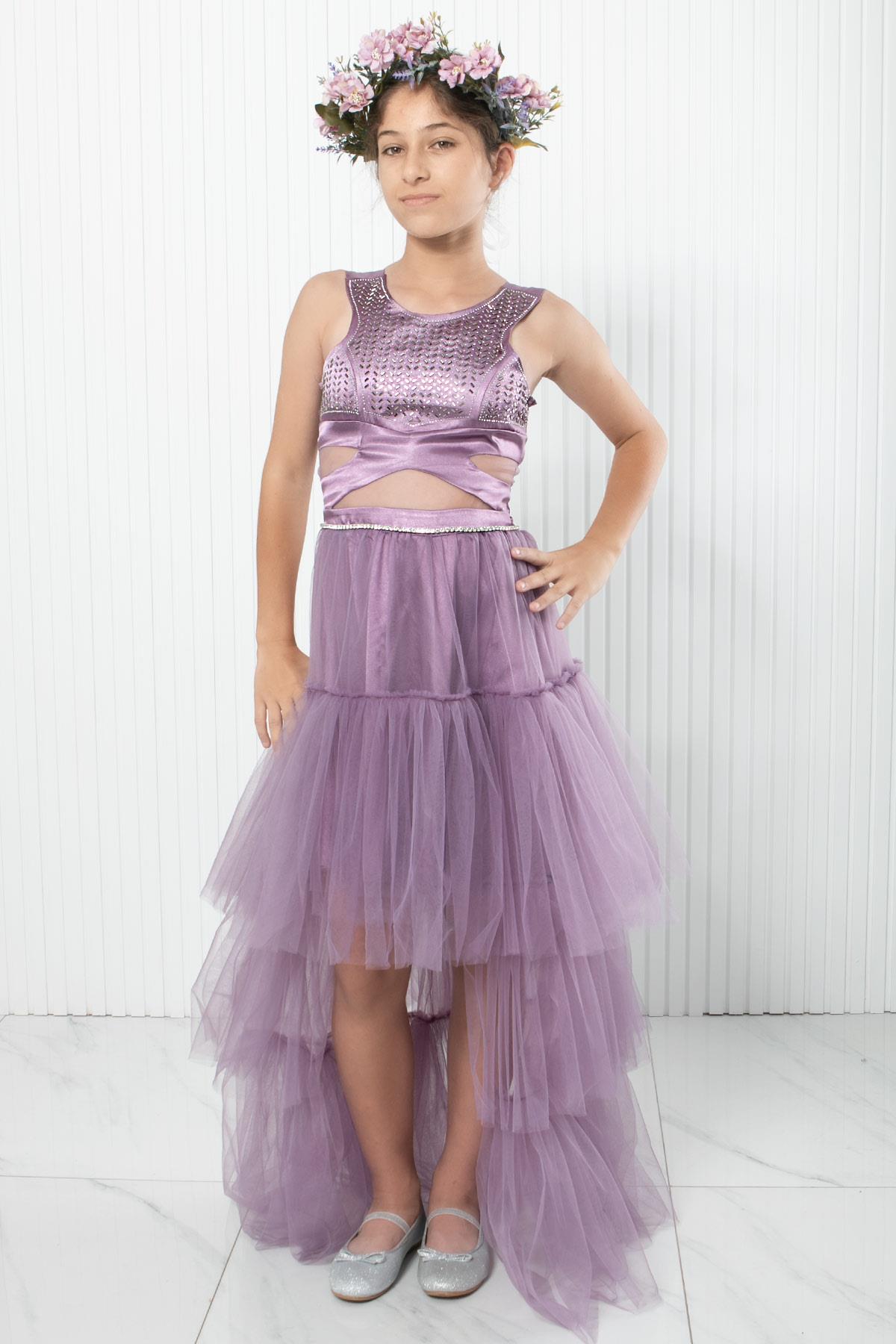 Steindruck Detail Tüll Abendkleid Lila MDV340