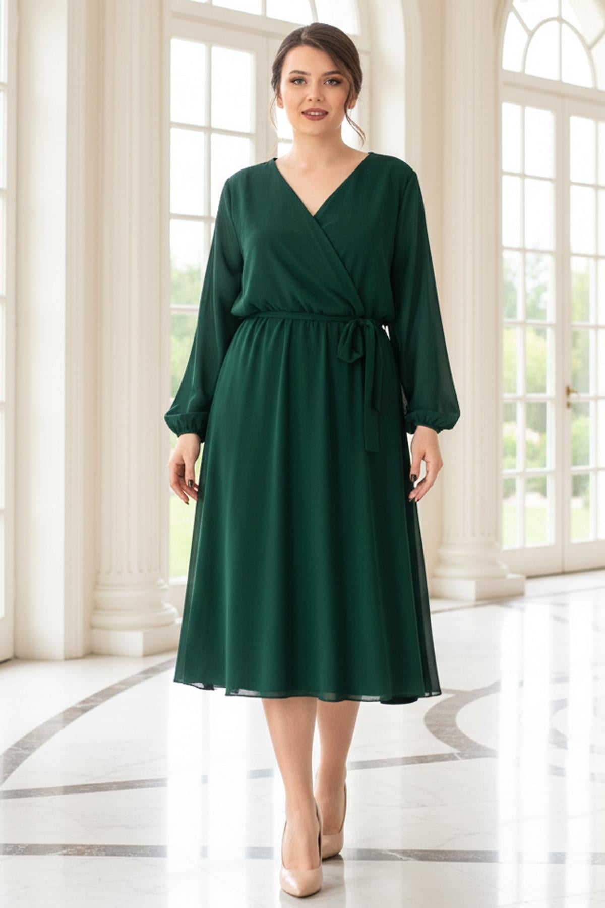 Robe de soirée en mousseline de soie avec ceinture émeraude FHM916