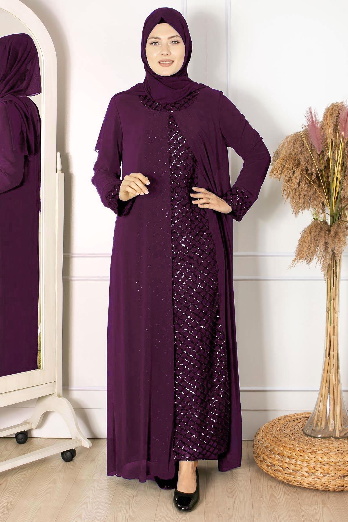 Sequin Embroidered Detailed Evening Dress Purple FHM854