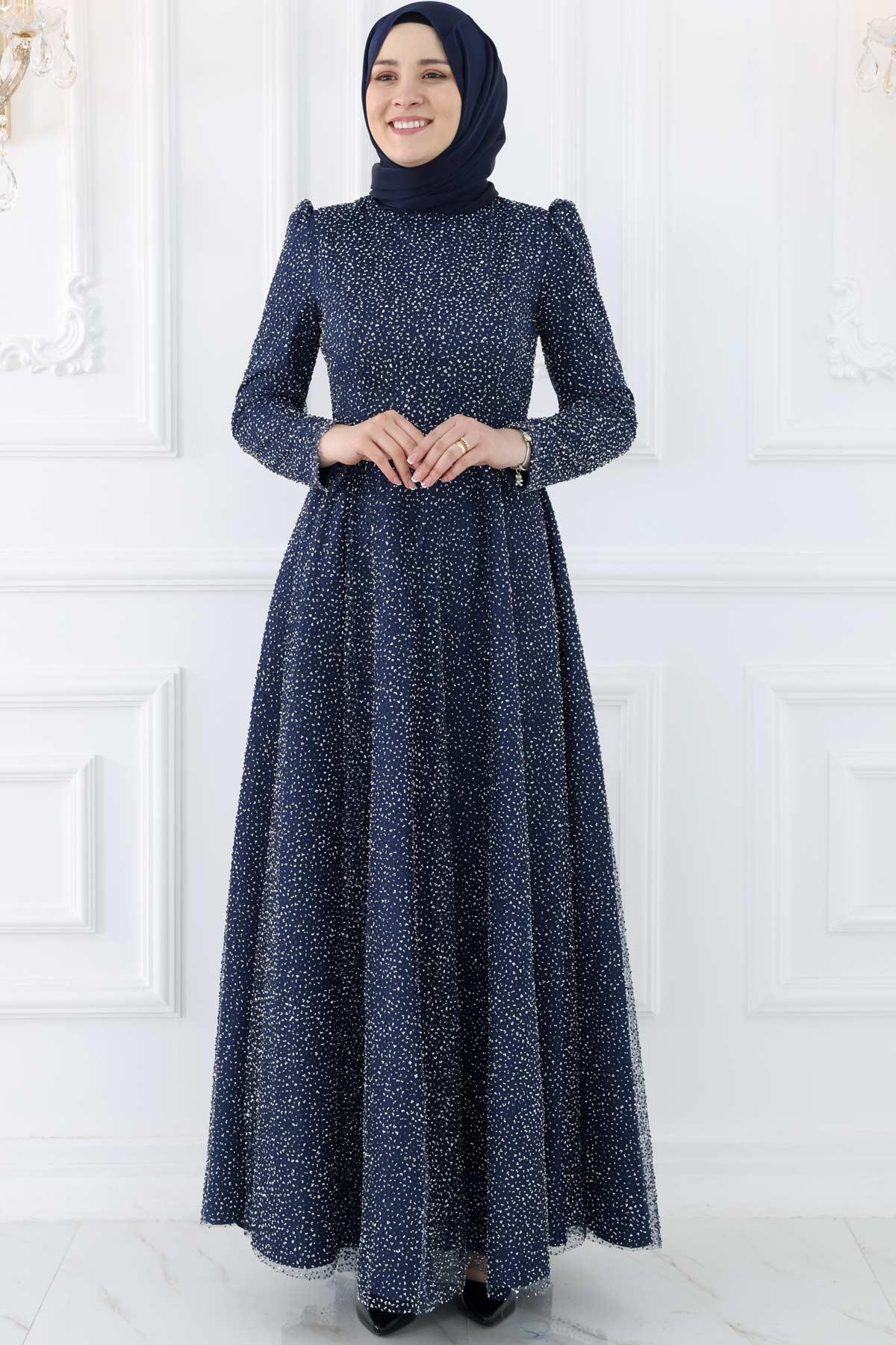 Stone Print Detailed Evening Dress Navy Blue AMH980
