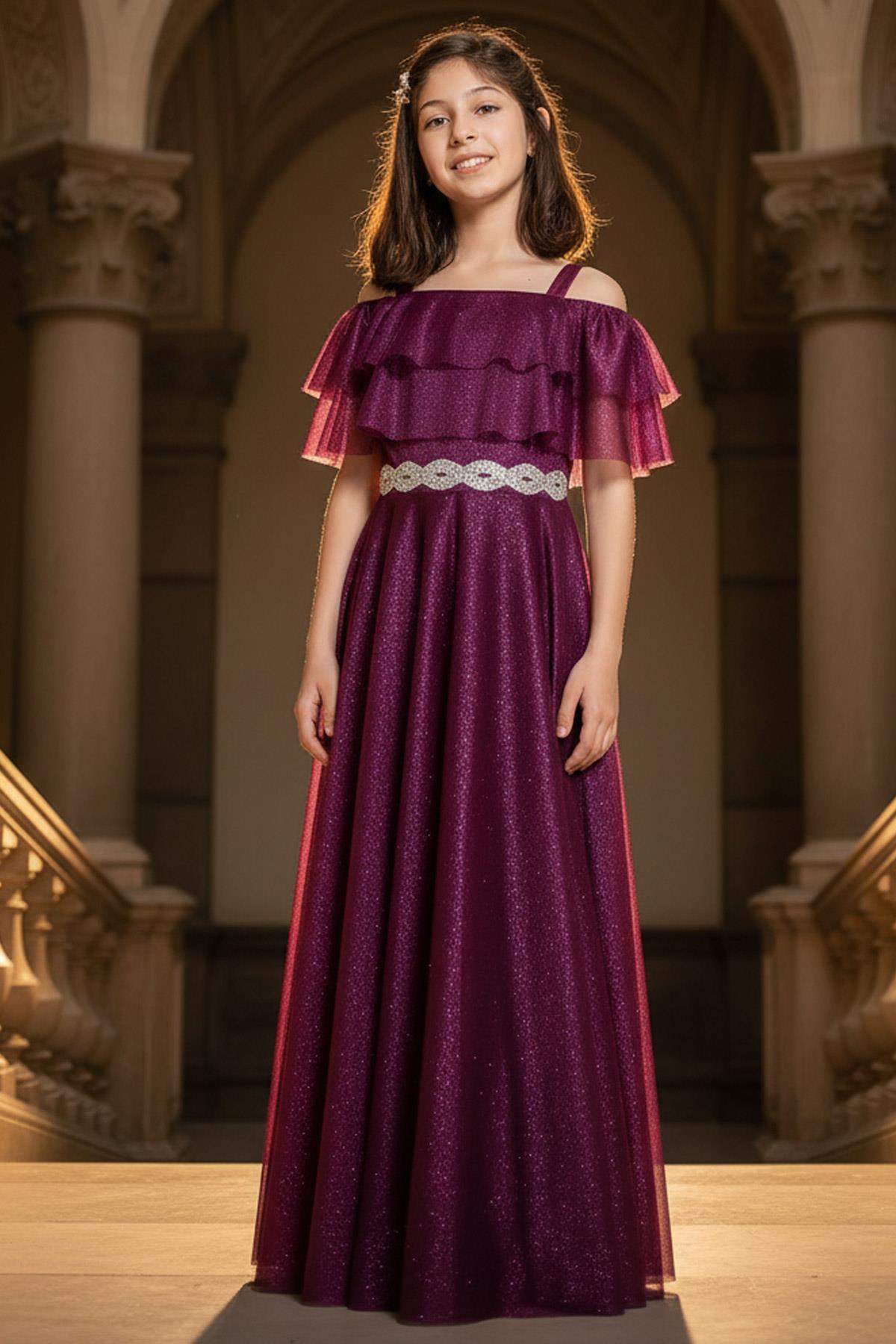 Robe de soirée en tulle argenté détaillé à volants Prune MDV314