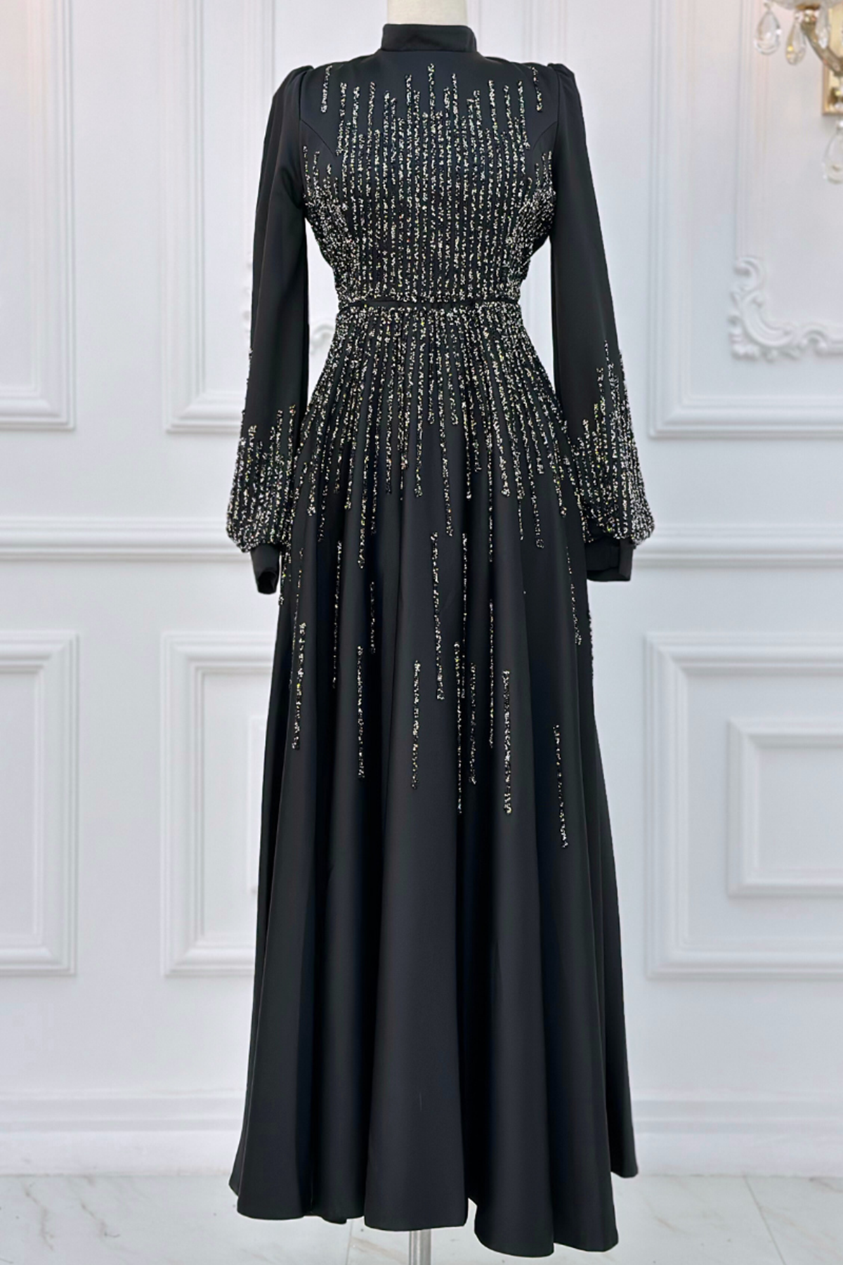 Stone Print Detailed Evening Dress Black AMH1002