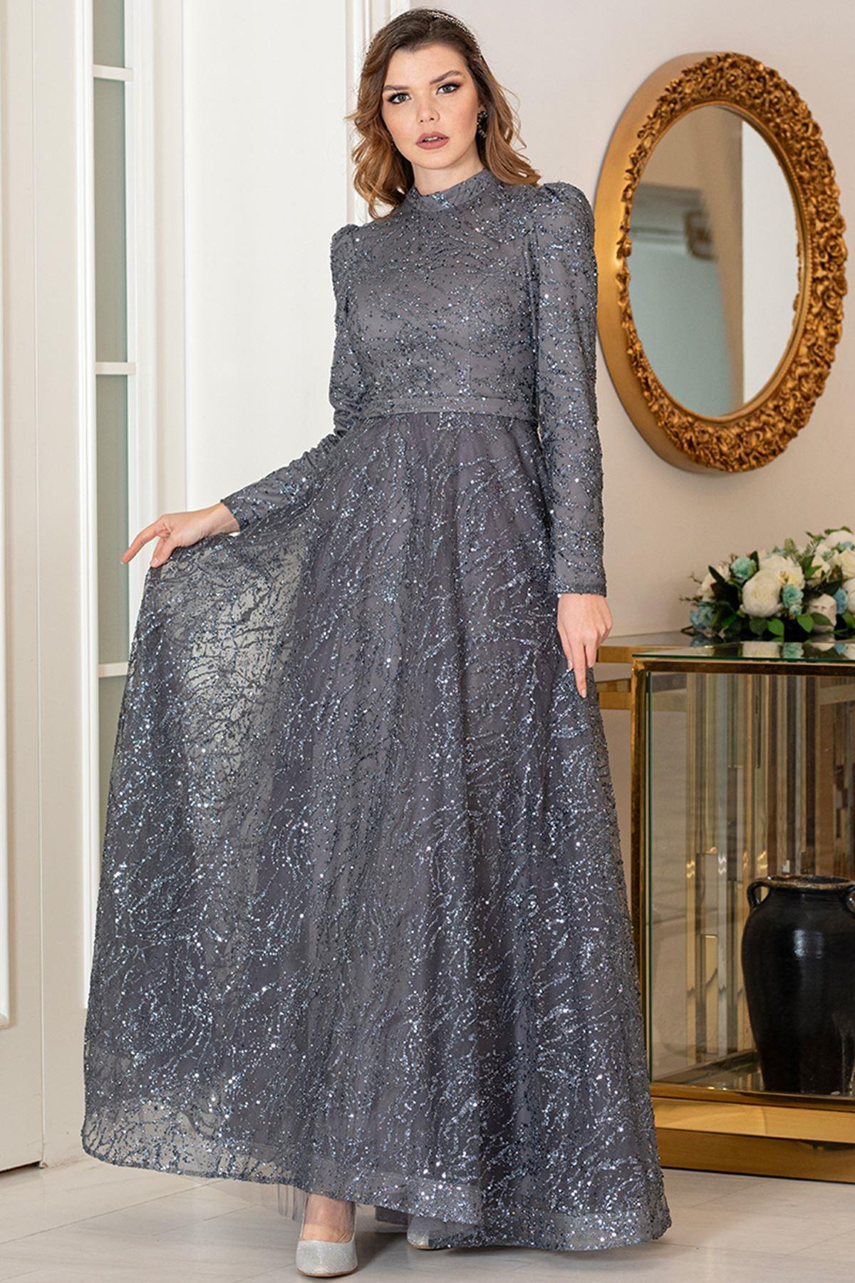 Robe De Soirée Argentée Grise AHN258