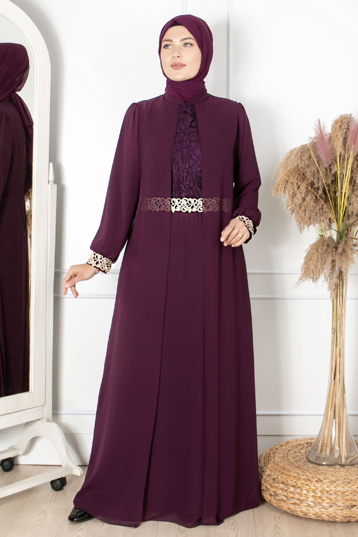 Abendkleid - Chiffon - Innenfutter - Stehkragen - Pflaume - FHM411FHM411-MÜRDÜMFahima
